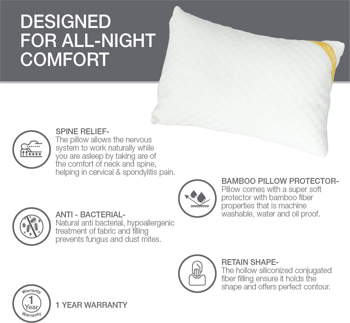 Health Plus Bamboo Pillow 46X68 Cm in White Colour