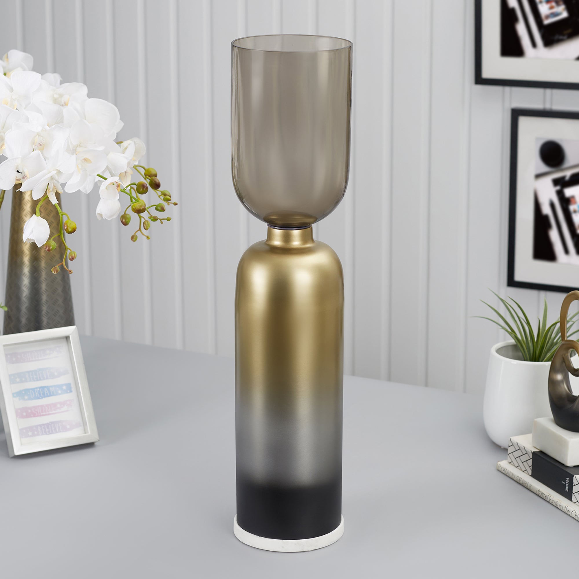 Zeus Iron and Glass Ombre Floor Hurricane 20x76 Cm in Antique Gold & Black Colour