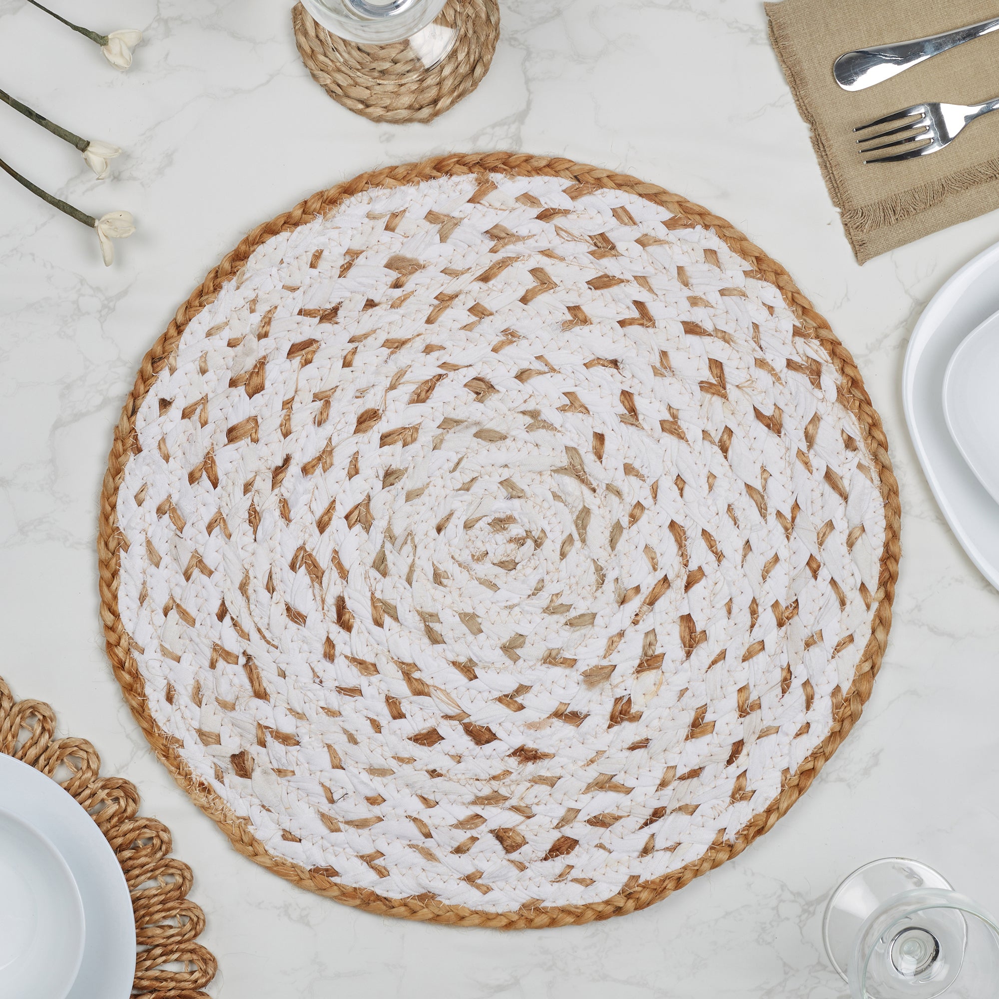 Ebony  Handmade Recycled Fabric Placemat Dia 38 Cm in White Colour