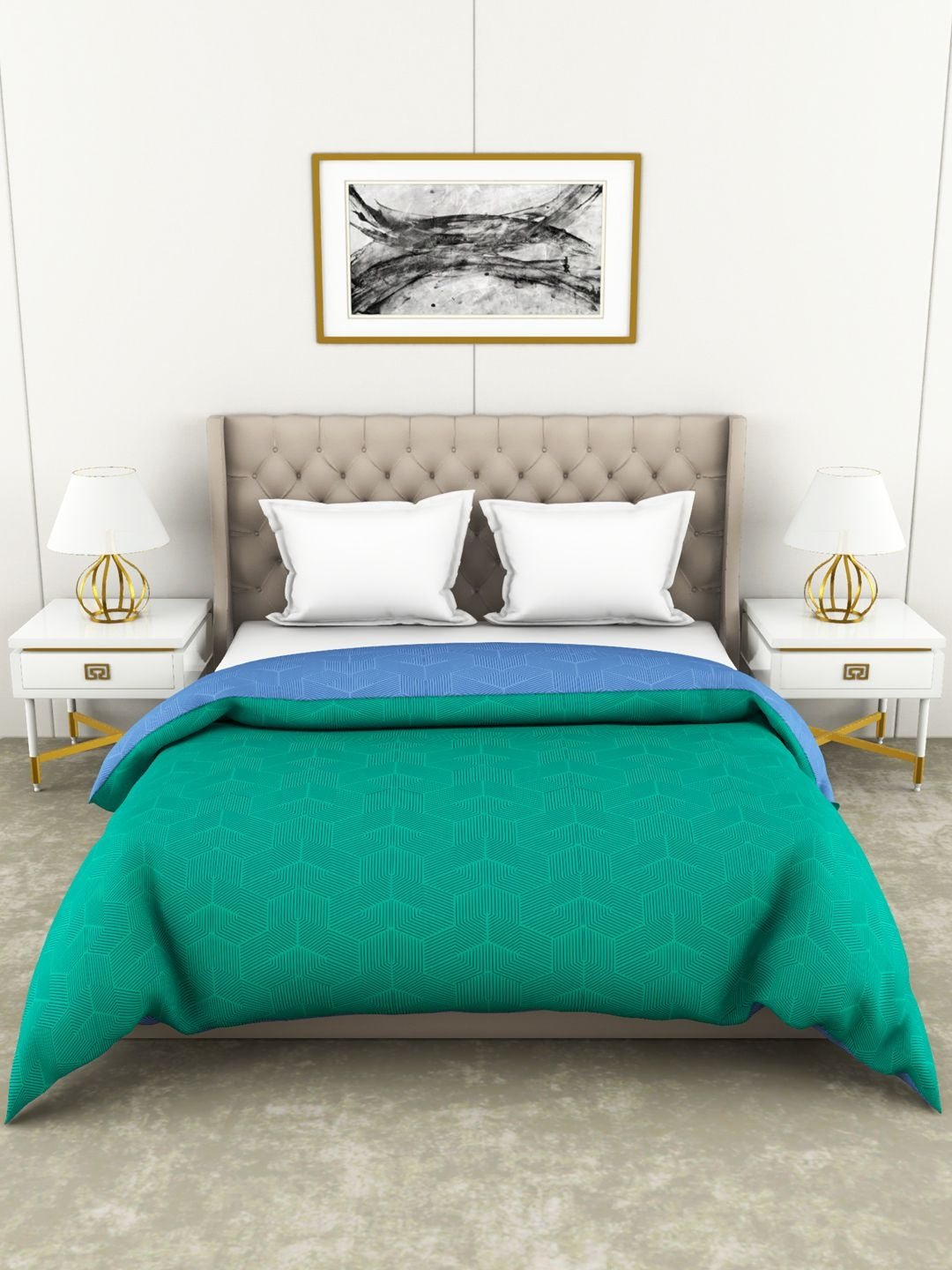 Botanical Cotton Double Comforter 229X254 Cm 210 Tc in Green/Blue Colour