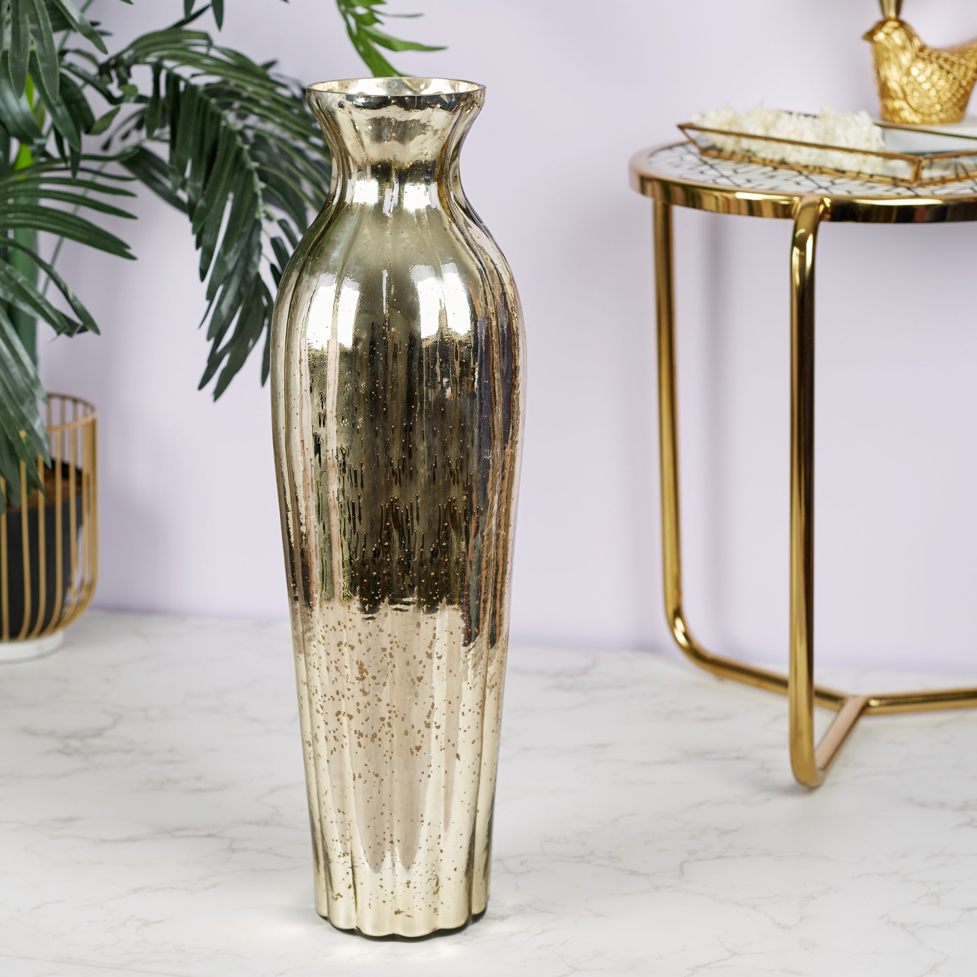 Phiona Glass Tall Fluted Handcrafted Mercury Vase 54 Cm in Gold Colour