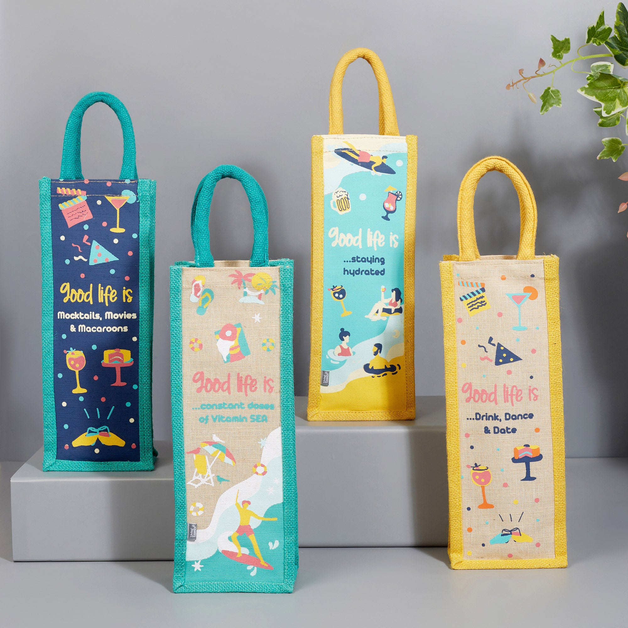 Good Life Jute Reversible Stay Hydrated Printed Zuco Bottle Bag 12 x 35.5 Cm in Turq & Yellow Colour