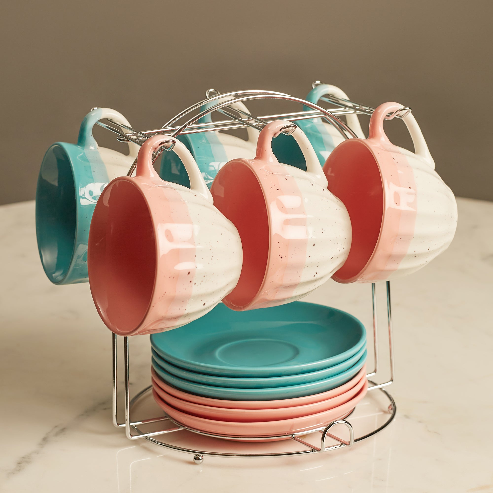 Emilia Ceramic Cup & Saucer Set Of 12 With Metal Stand in Blue & Pink Colour