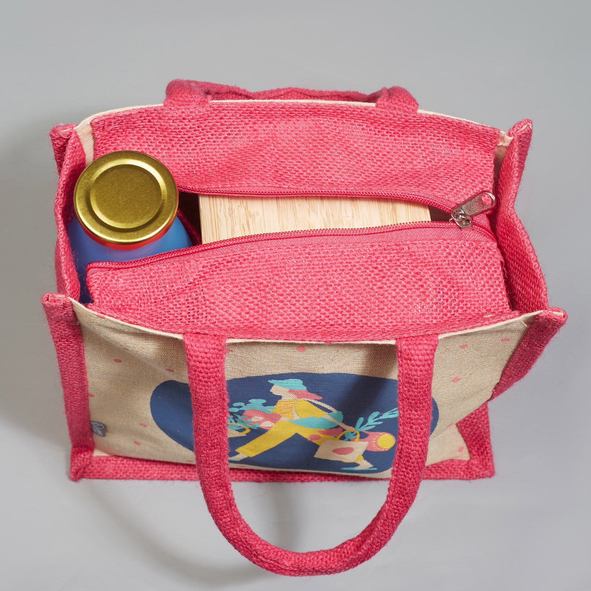 Good Life Jute Reversible Bag Garden Printed Lunch Bag 25.5 x 25.5 Cm in Multi Colour