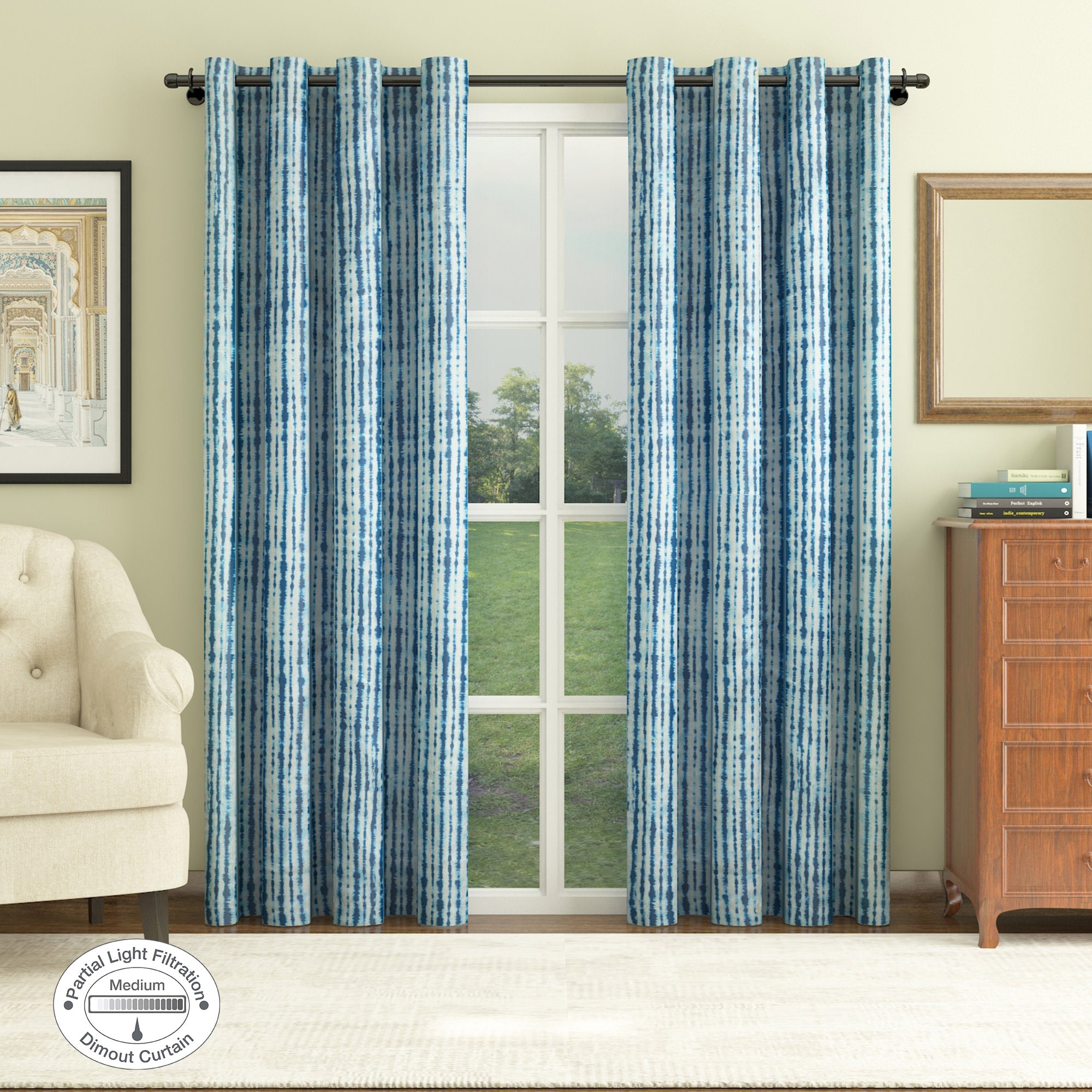 Nora Set of 2 Printed Jacquard Dim Out Door Curtains 7 Feet in Navy Colour