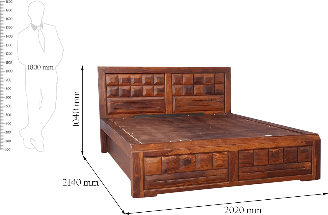 Woodrow Sheesham Wood(Rosewood) King bed with Hydraulic storage in Honey Colour