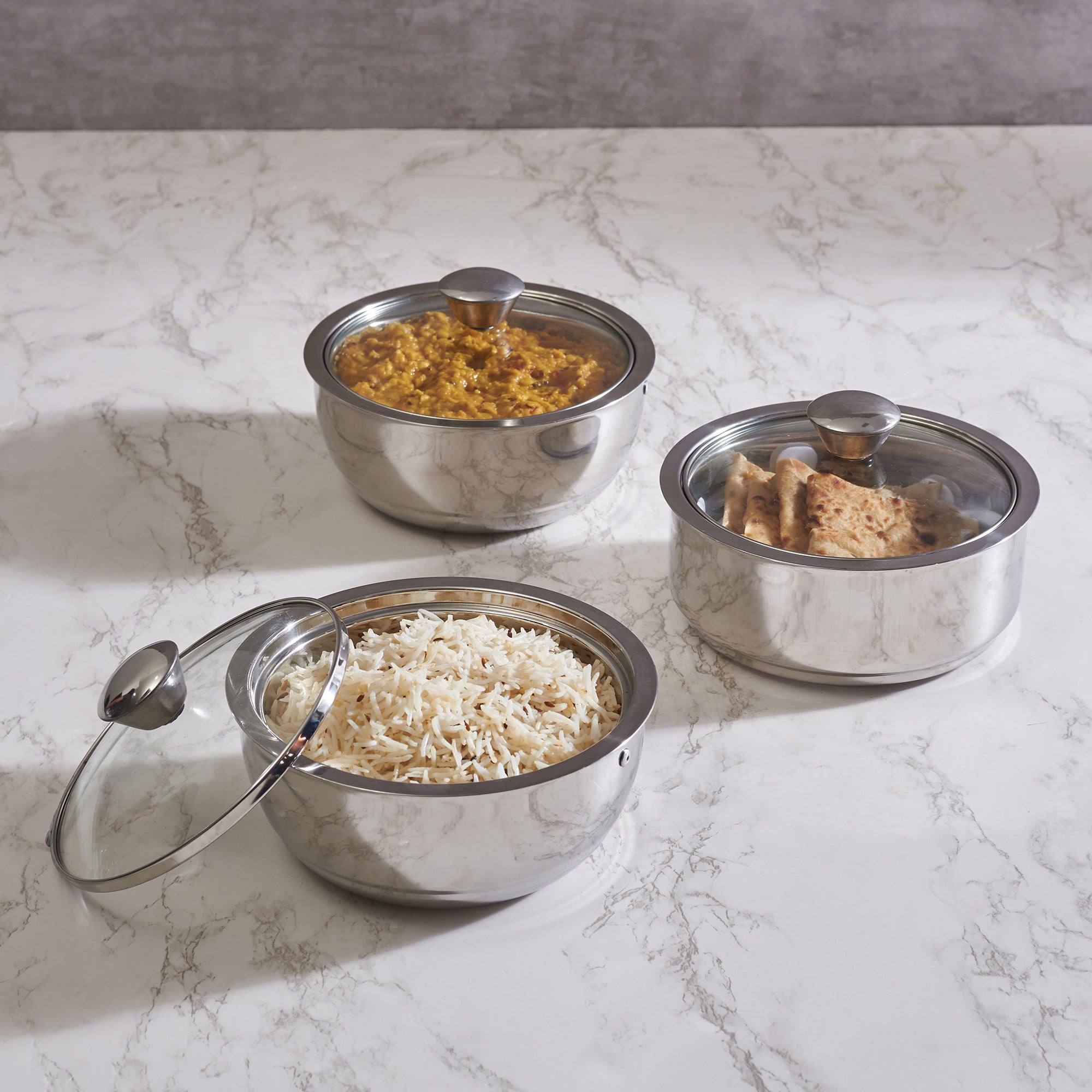 Sapphire Double Wall Insulated Stainless Steel Meal Serve Combo Set of 3 in Silver Colour