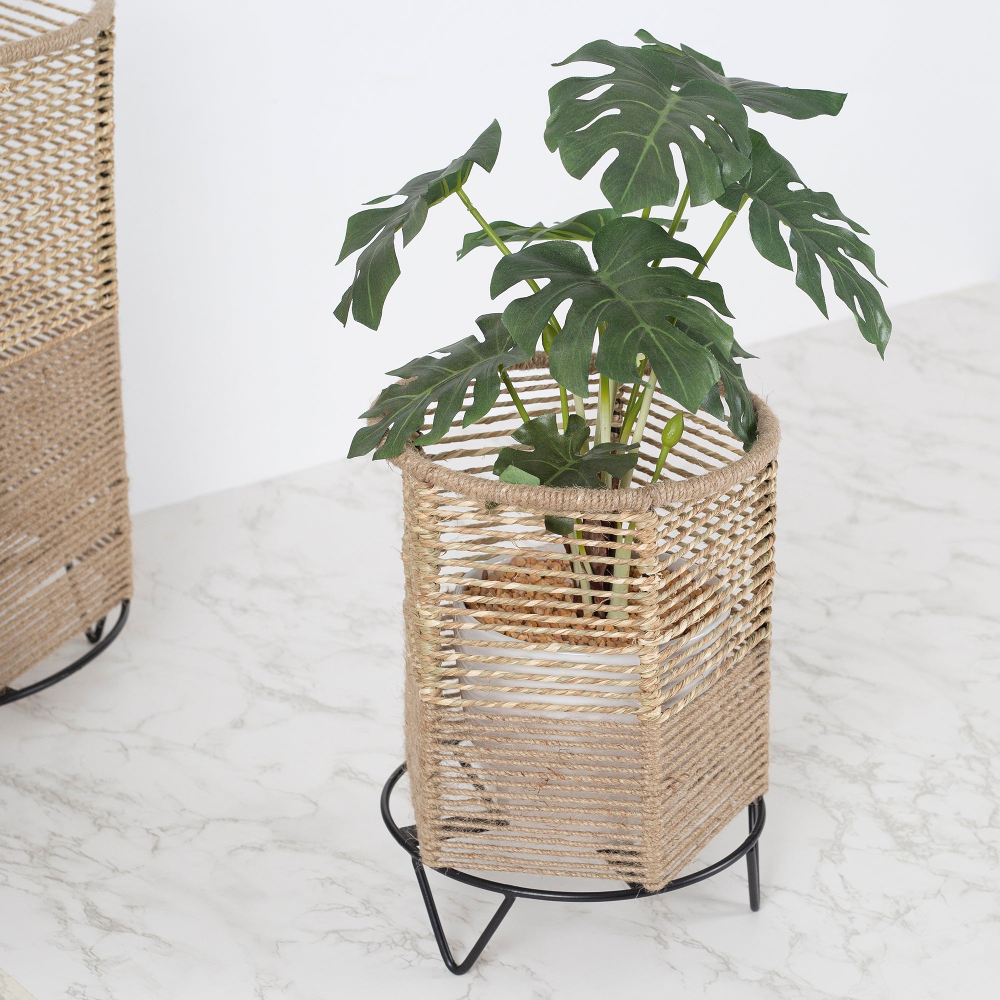 Boho Metal And Natural Fiber Planter Stand 27Cm in Brown Colour