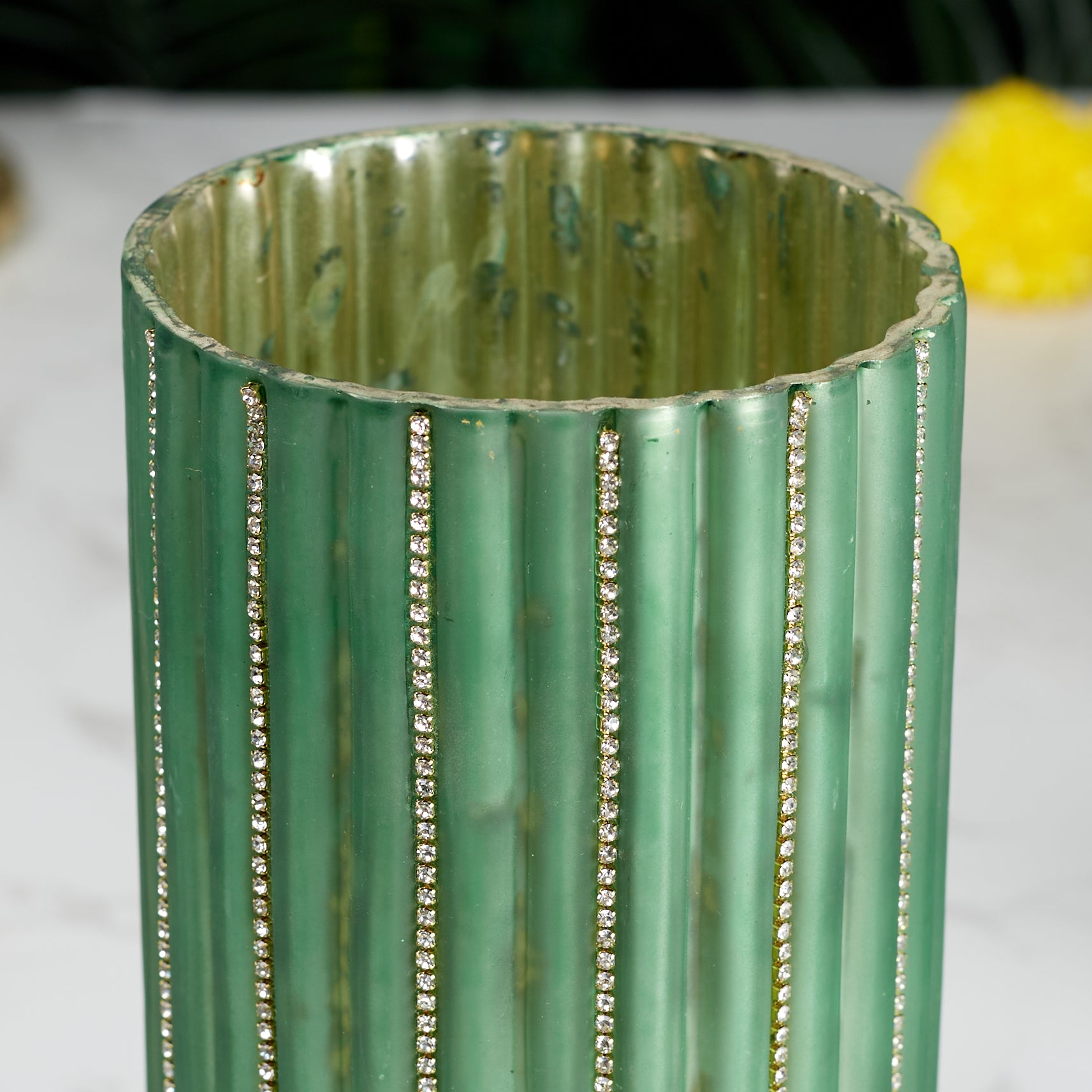 Phiona Glass Diamond Stud Handcrafted Votive 20 Cm in Emerald Colour