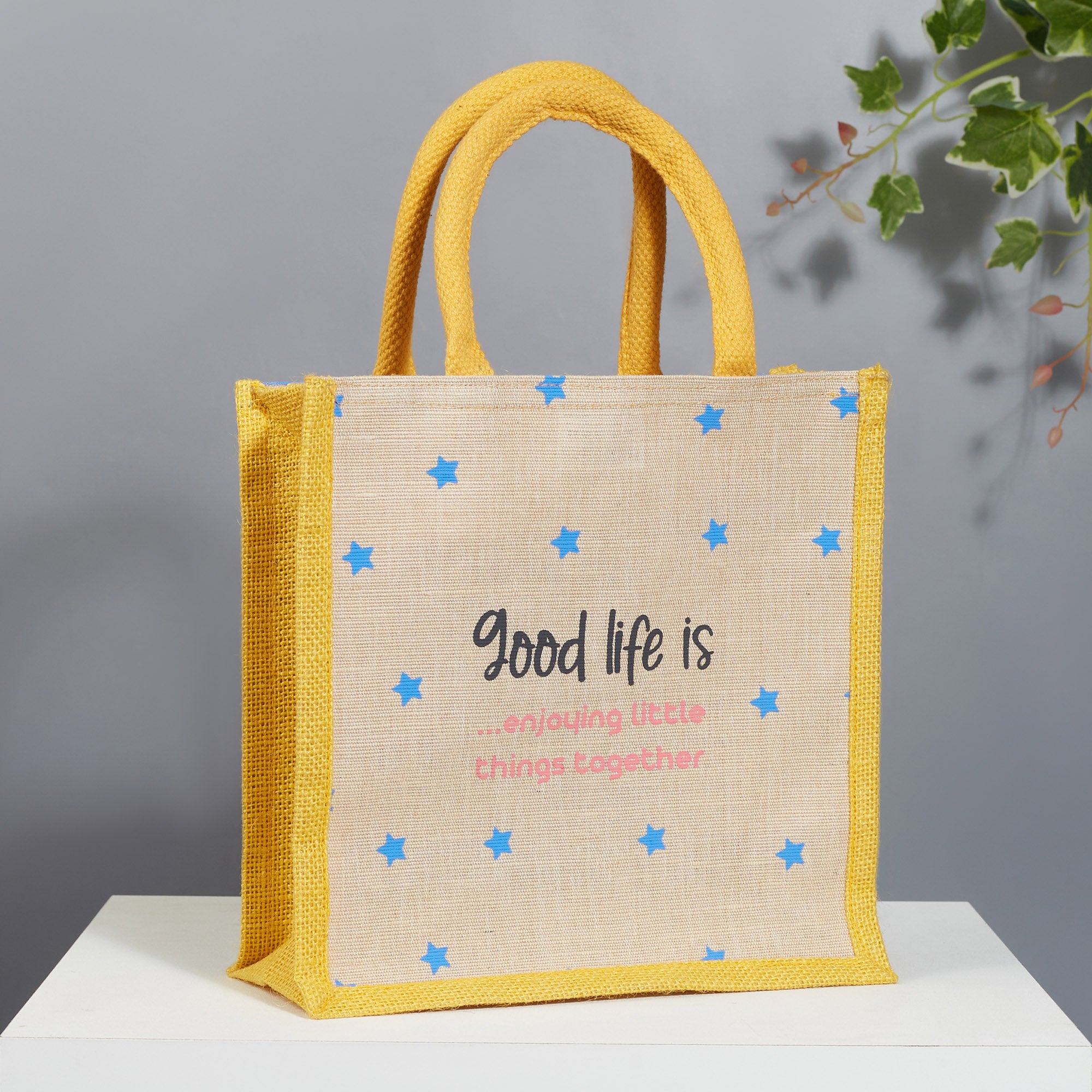 Good Life Jute Reversible Stary Night Printed Lunch Bag 25.5 x 25.5 Cm in Navy Blue & Yellow Colour