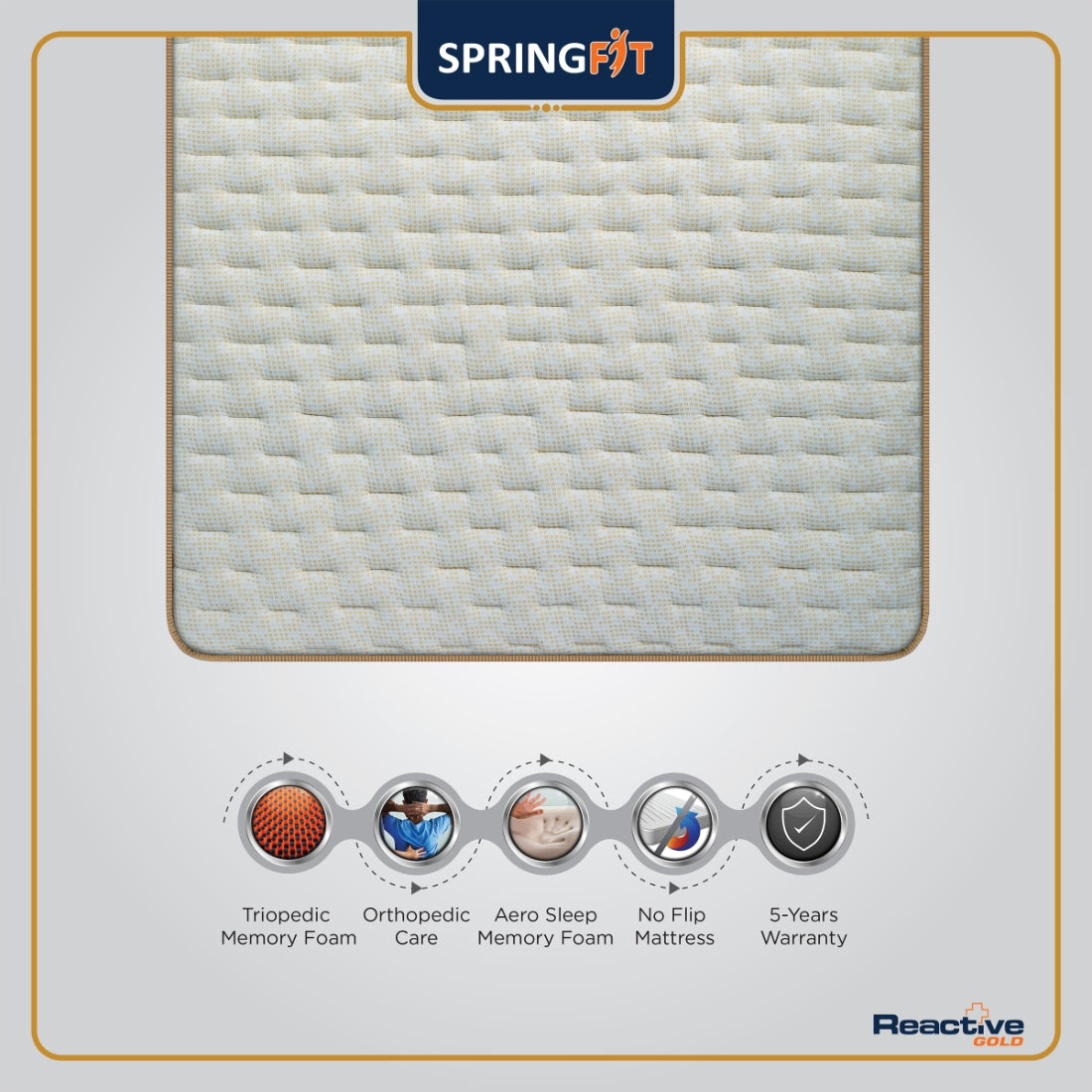 Reactive Gold Memory Foam Double Mattress 75x48x6 Inch in Grey Colour