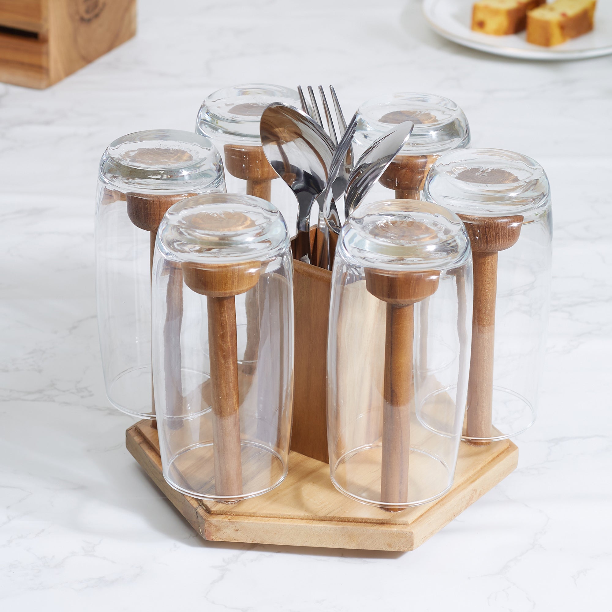 Beautiful Kitchen Wood Drinking Glass & Cutlery Holder Stand in Brown Colour