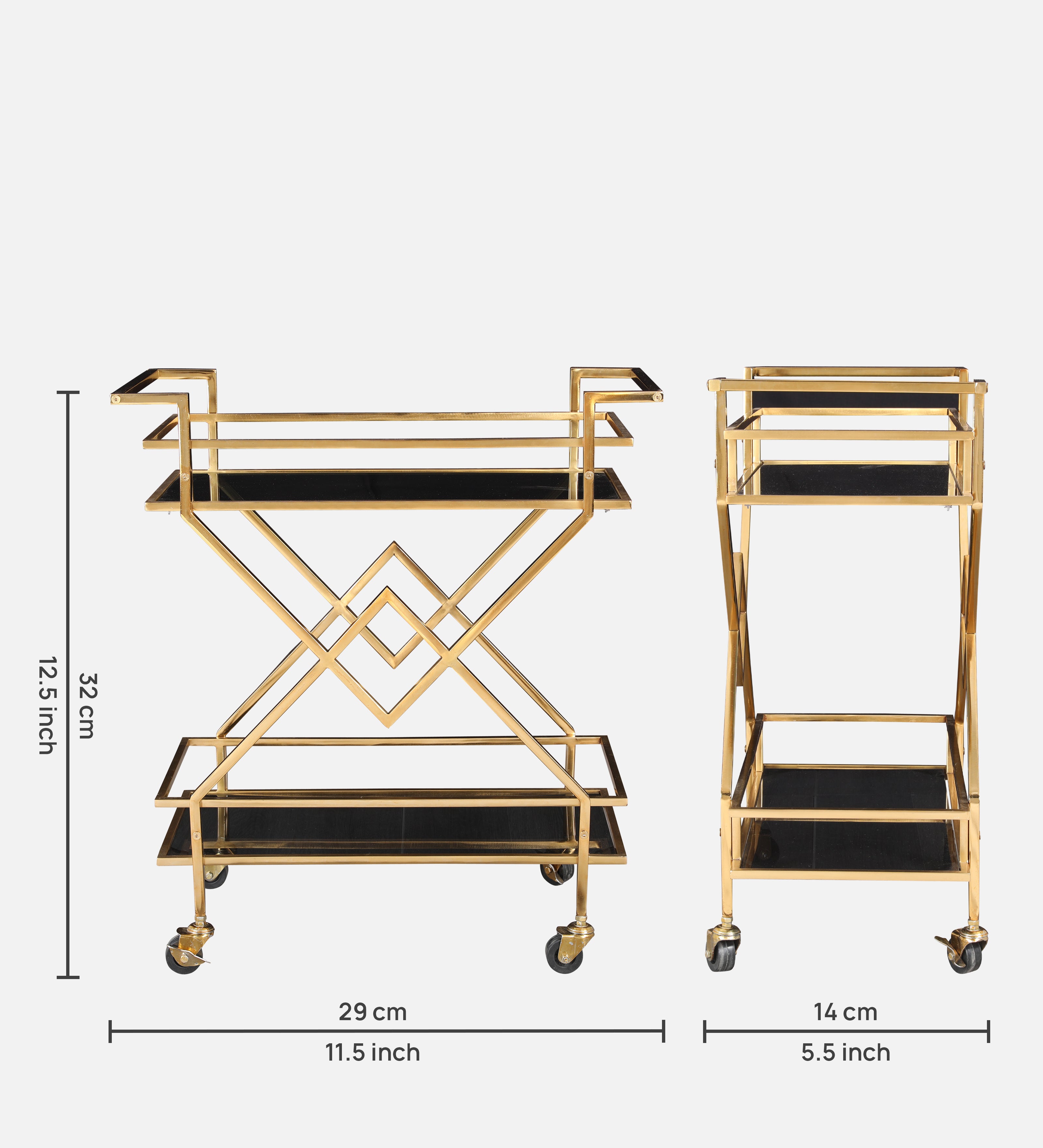Turin Metal Serving Trolley in Gold & Black Colour