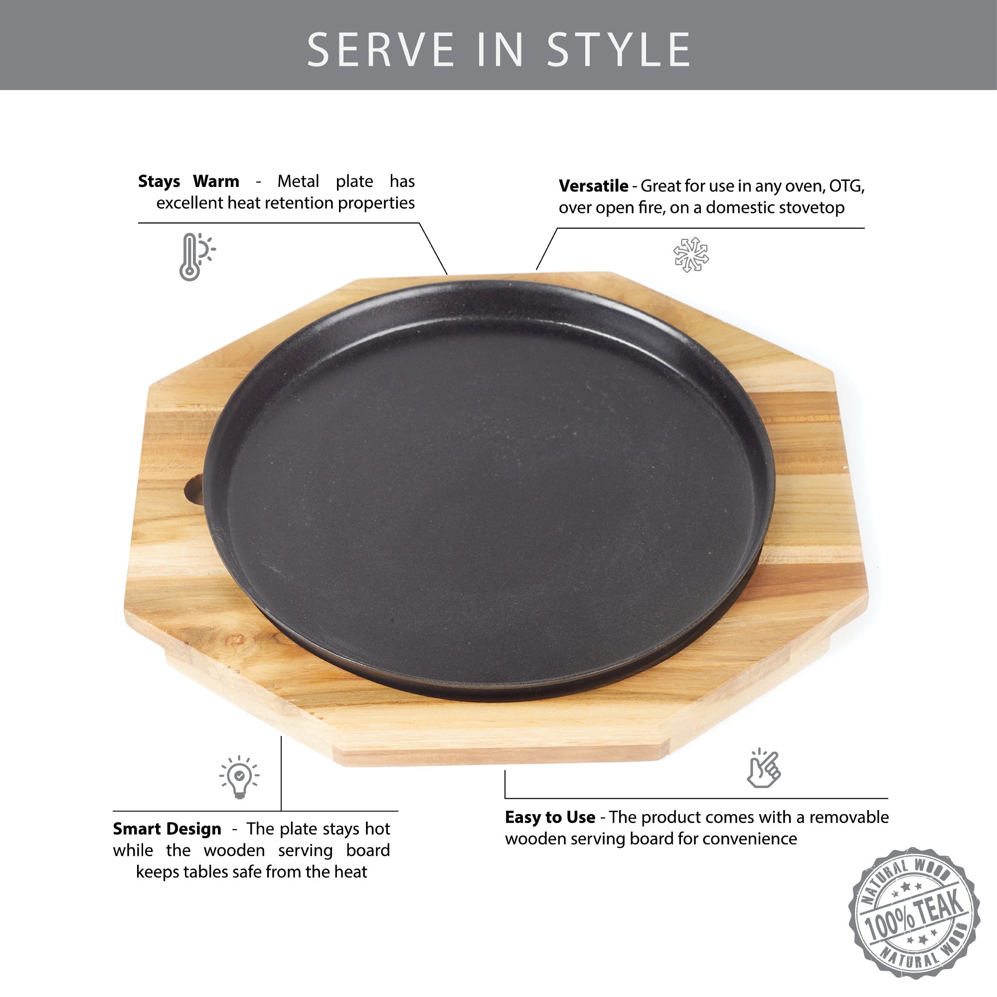 Beautiful Kitchen Metal and Wood Sizzler Plate Round in Brown Colour