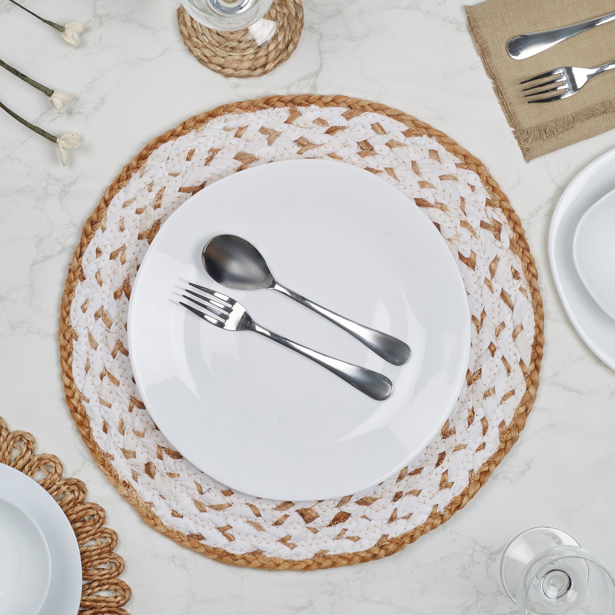 Ebony  Handmade Recycled Fabric Placemat Dia 38 Cm in White Colour