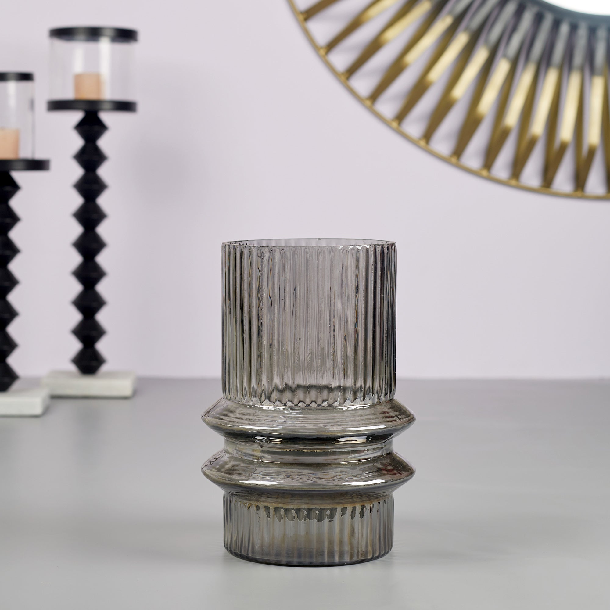 Phiona Glass Fluted Handcrafted Vase Medium 21 Cm in Black Colour
