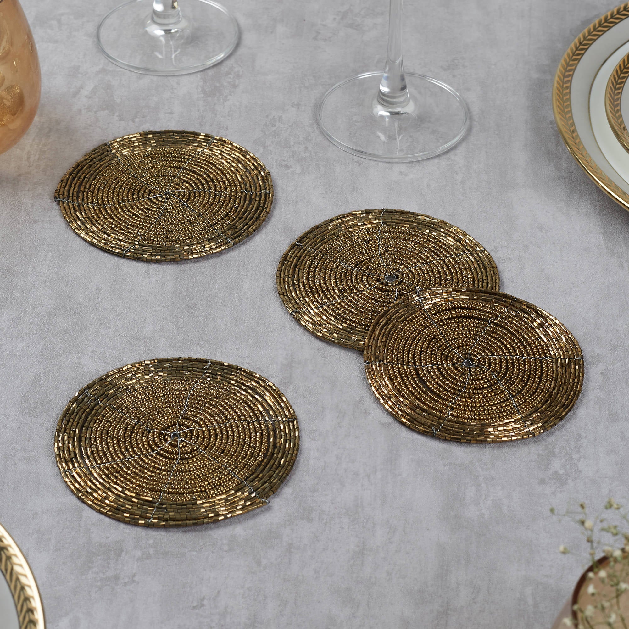 Nora Handmade Beaded Coaster Set Of 4 Dia 10x10 Cm in Gold Colour