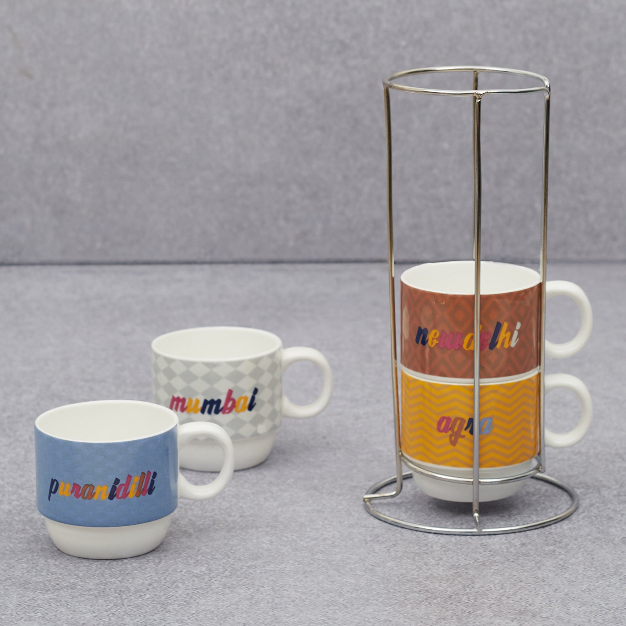 Milan Bone China India Stackable 220 Ml Tea Mug Set of 4 with Stand in Multi Colour