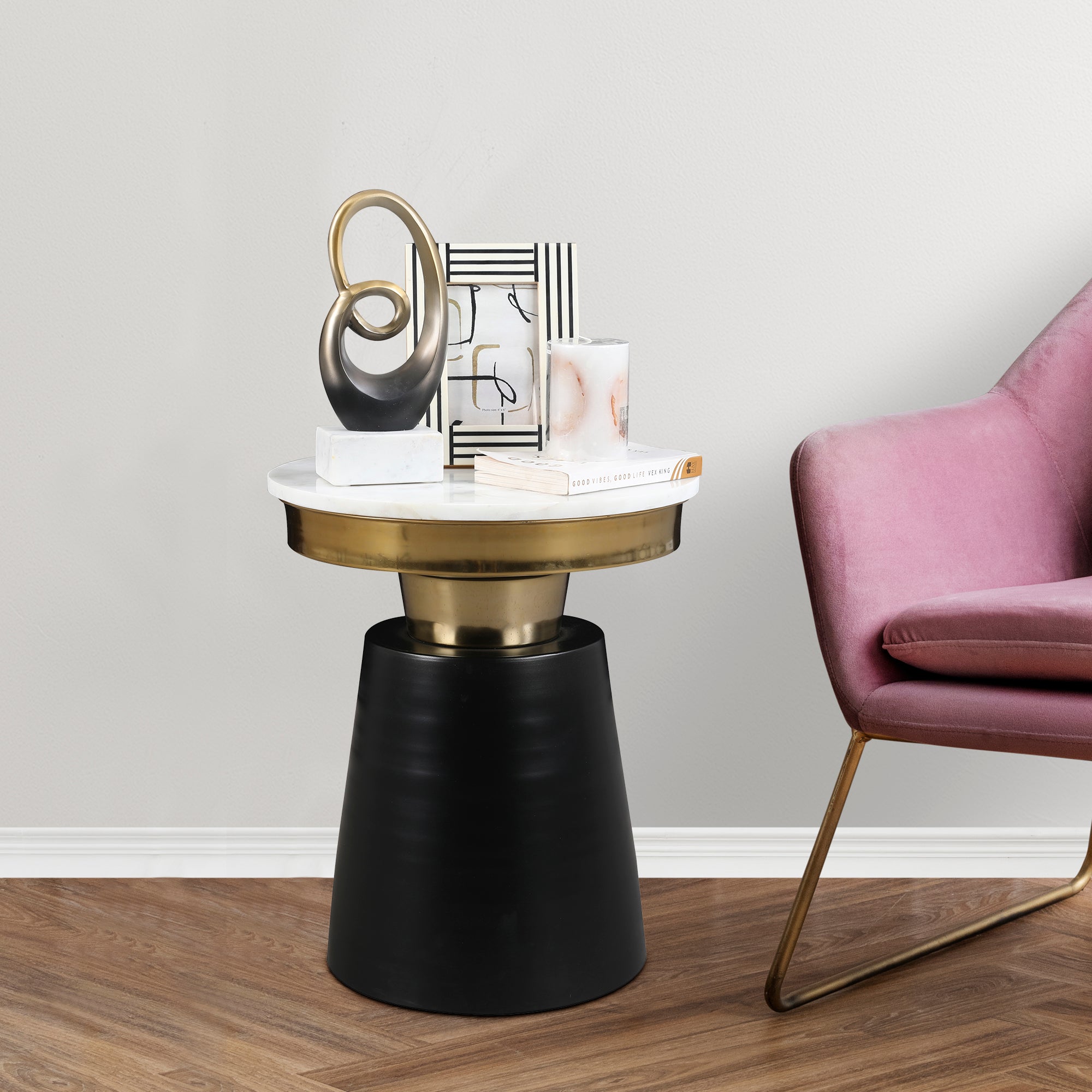 Chelsea Marble & Iron Side Table in White, Black & Gold Colour