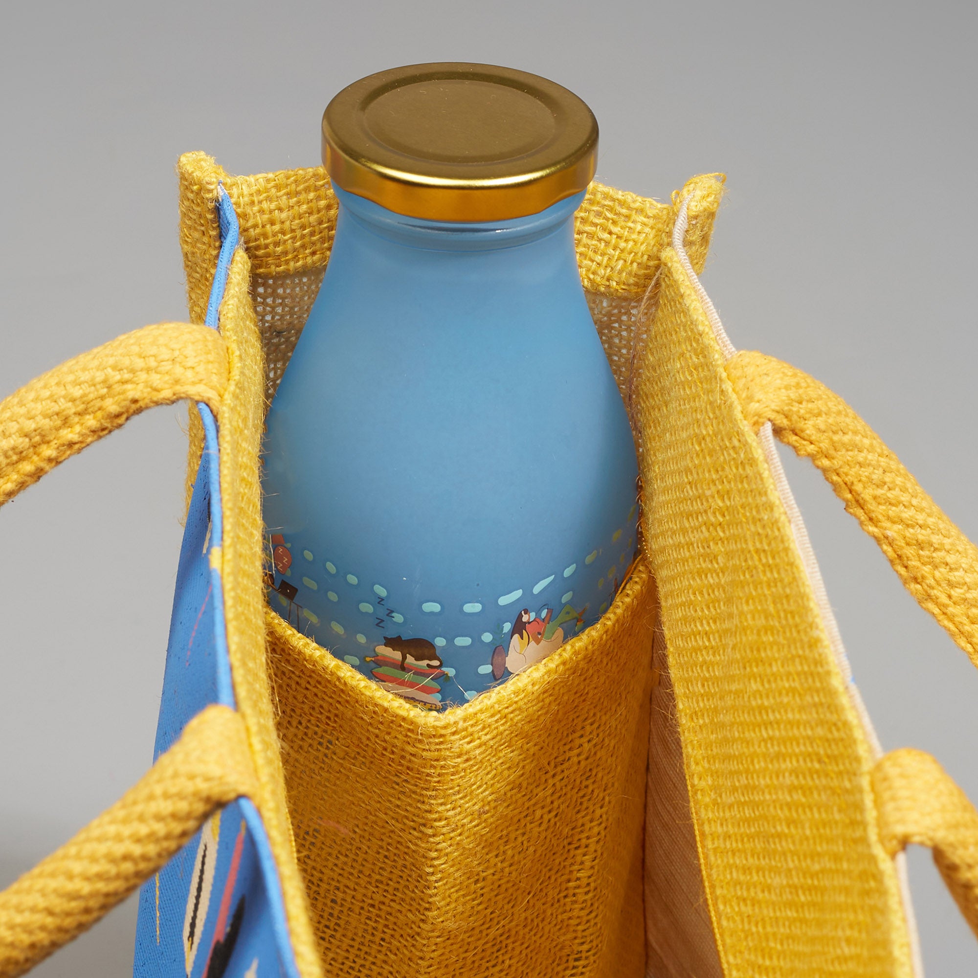 Good Life Jute Reversible Stary Night Printed Lunch Bag 25.5 x 25.5 Cm in Navy Blue & Yellow Colour