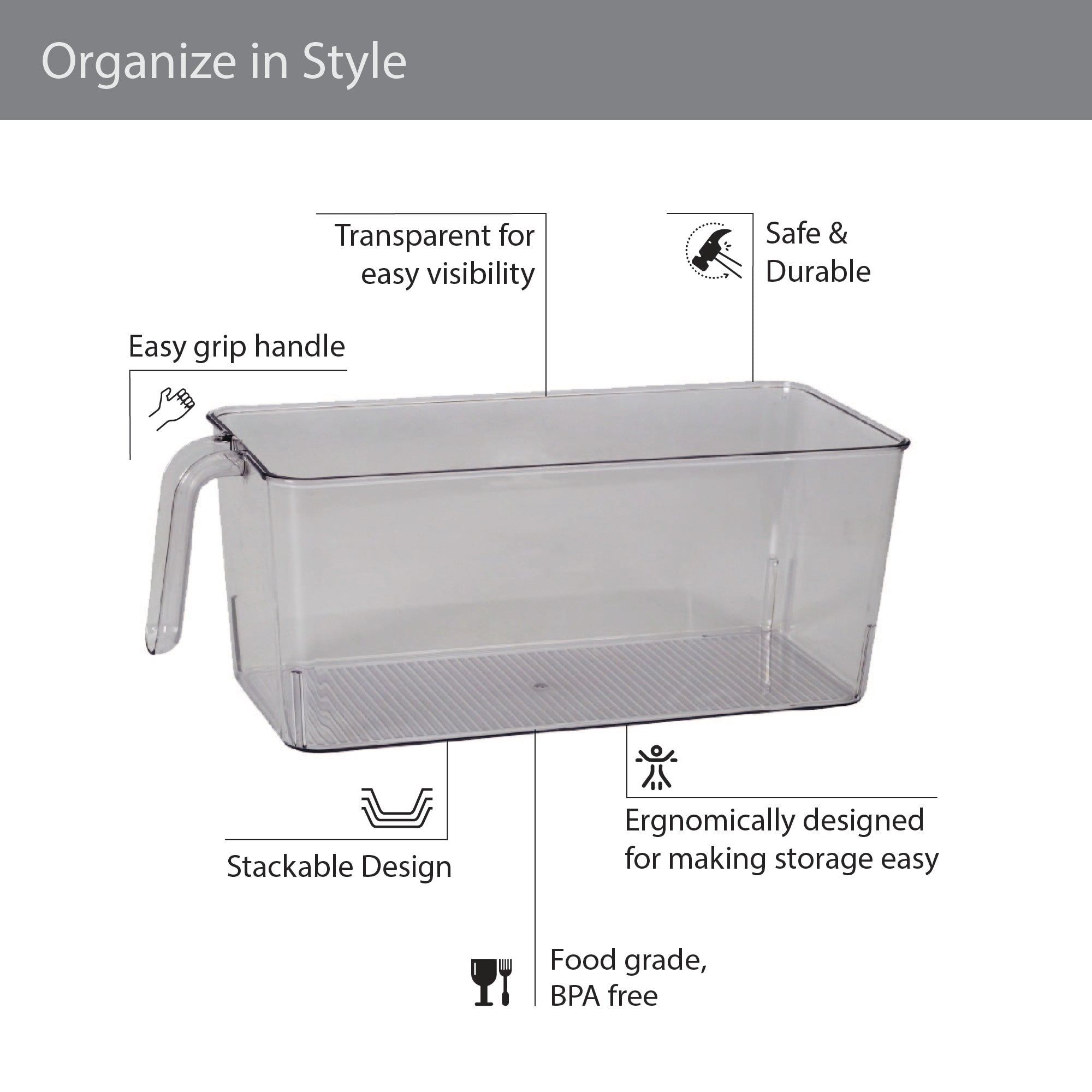 Robusto PET BPA Free Large Fridge Organizer with Front Handle in Transparent Colour