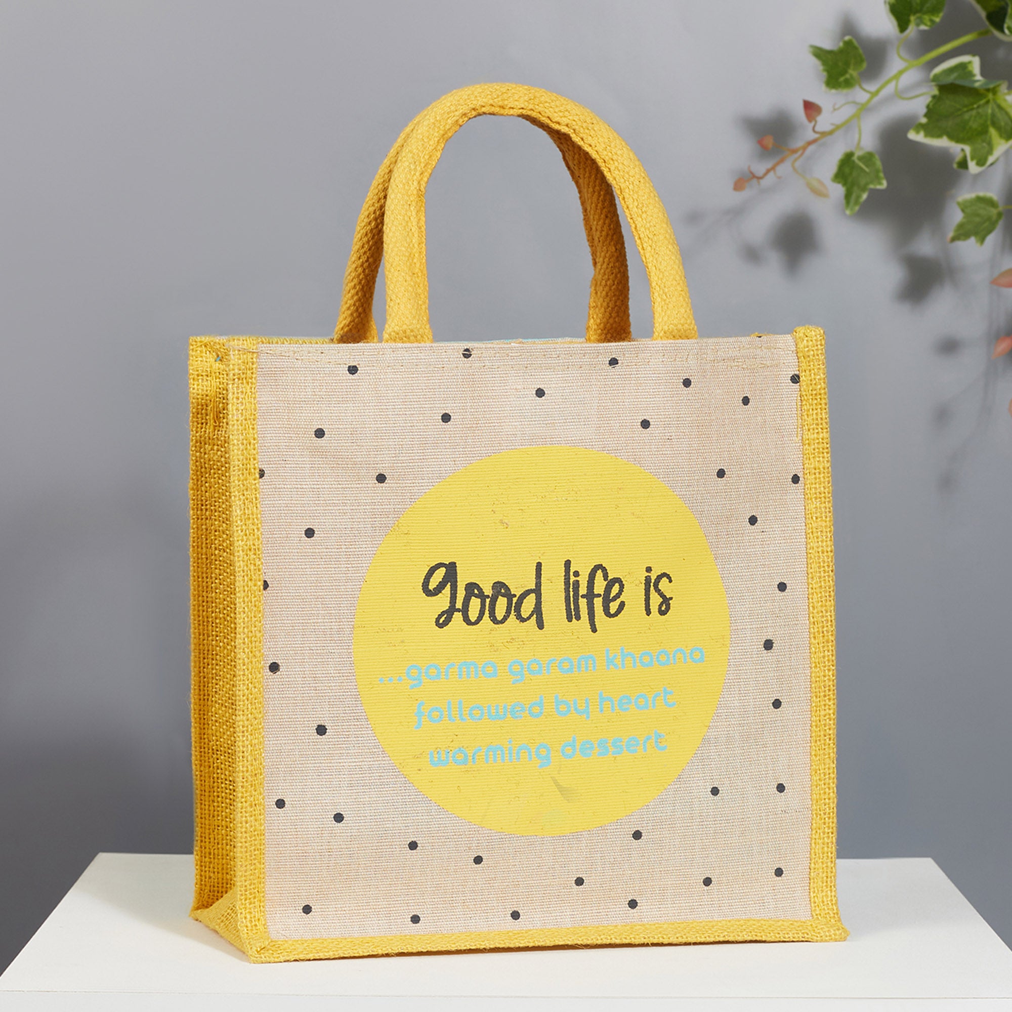 Good Life Jute Reversible Dessert Printed Lunch Bag 25.5 x 25.5 Cm in Turq & Yellow Colour