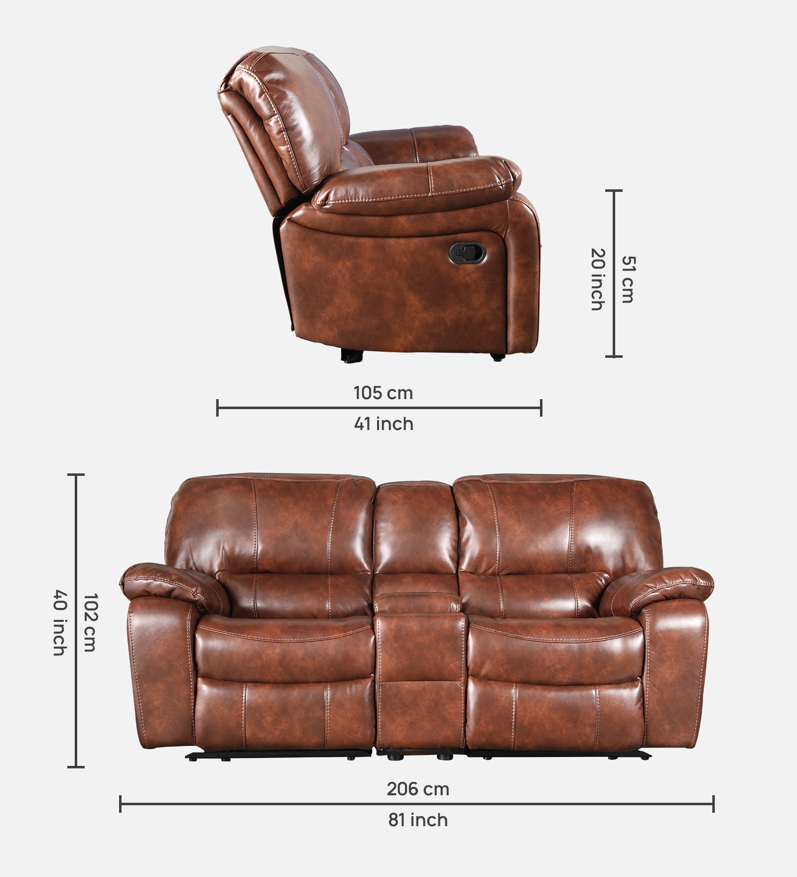 Urbano Leather Fabric Two Seater Recliner in Brown Colour