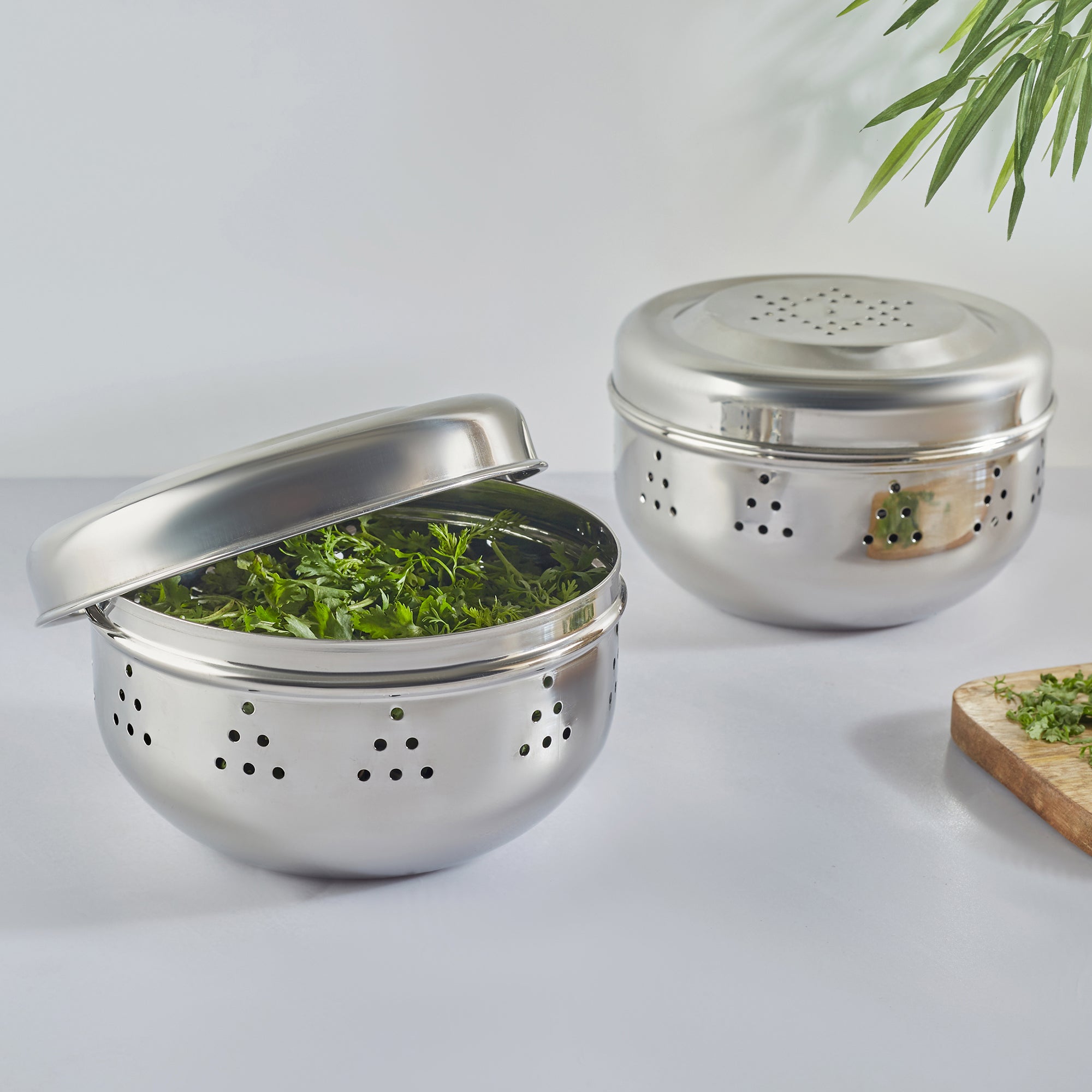 Glisto Stainless Steel Flat Canister/Puri Dabba/ Sprout Maker/Herb Container Set of 2 with Air Ventilation in Silver Colour