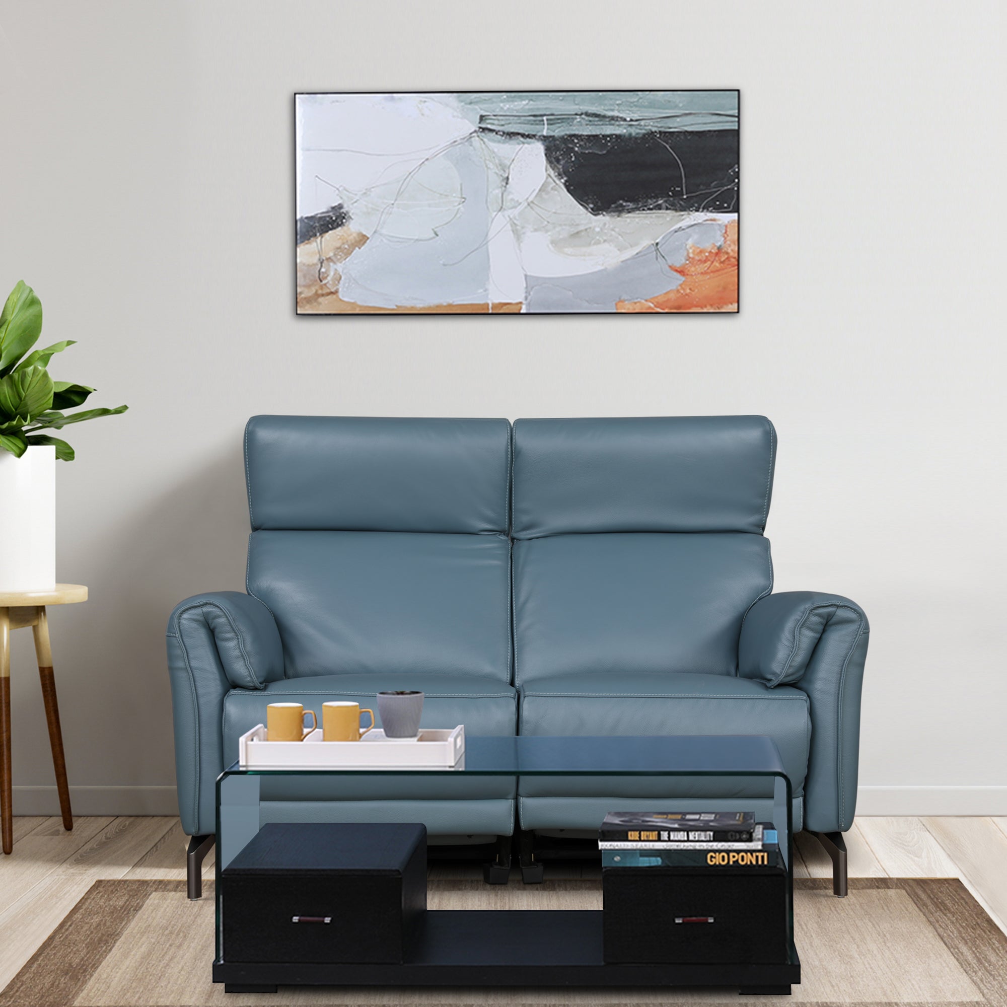 Emilia Half Leather Two Seater Electric Recliner in Blue Colour