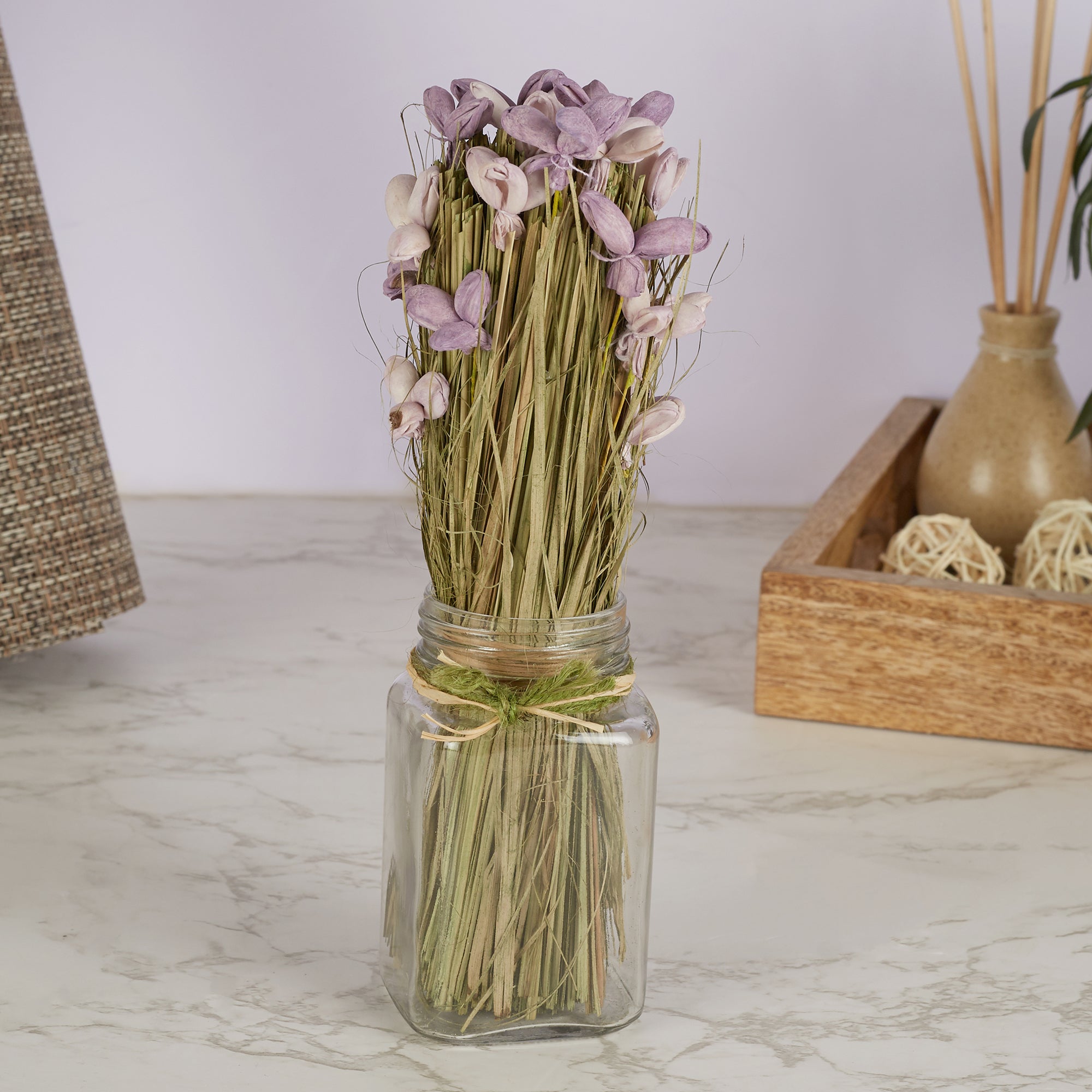 Fleur Dried Floral Arrangemet In Glass Jar 18 Cm in Purple Colour