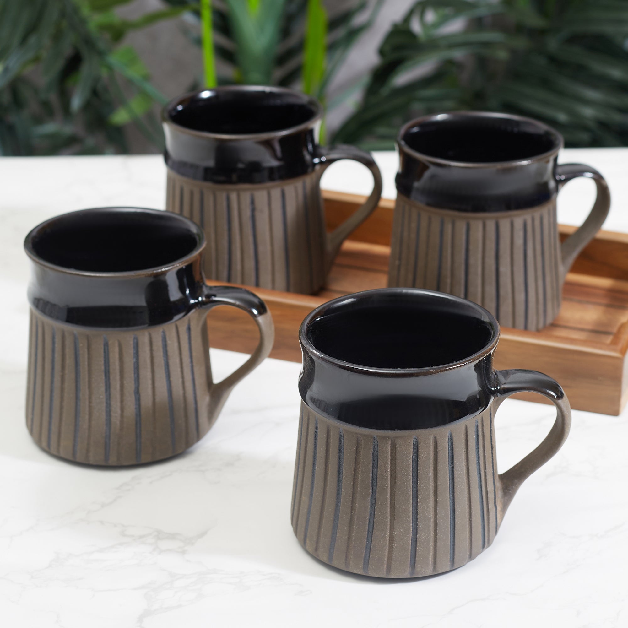 Fiesta Studio Pottery Ligne Coffee Mug 300 ML Set of 4 in Brown Colour