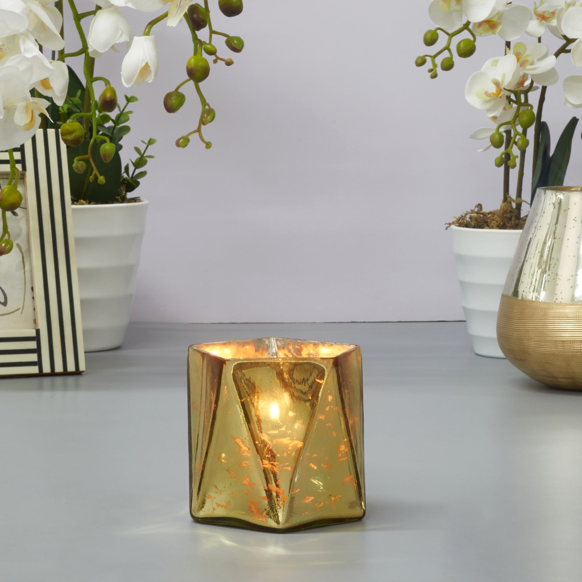 Phiona Glass Hexa Handcrafted Votive Mercury 10 Cm in Gold Colour