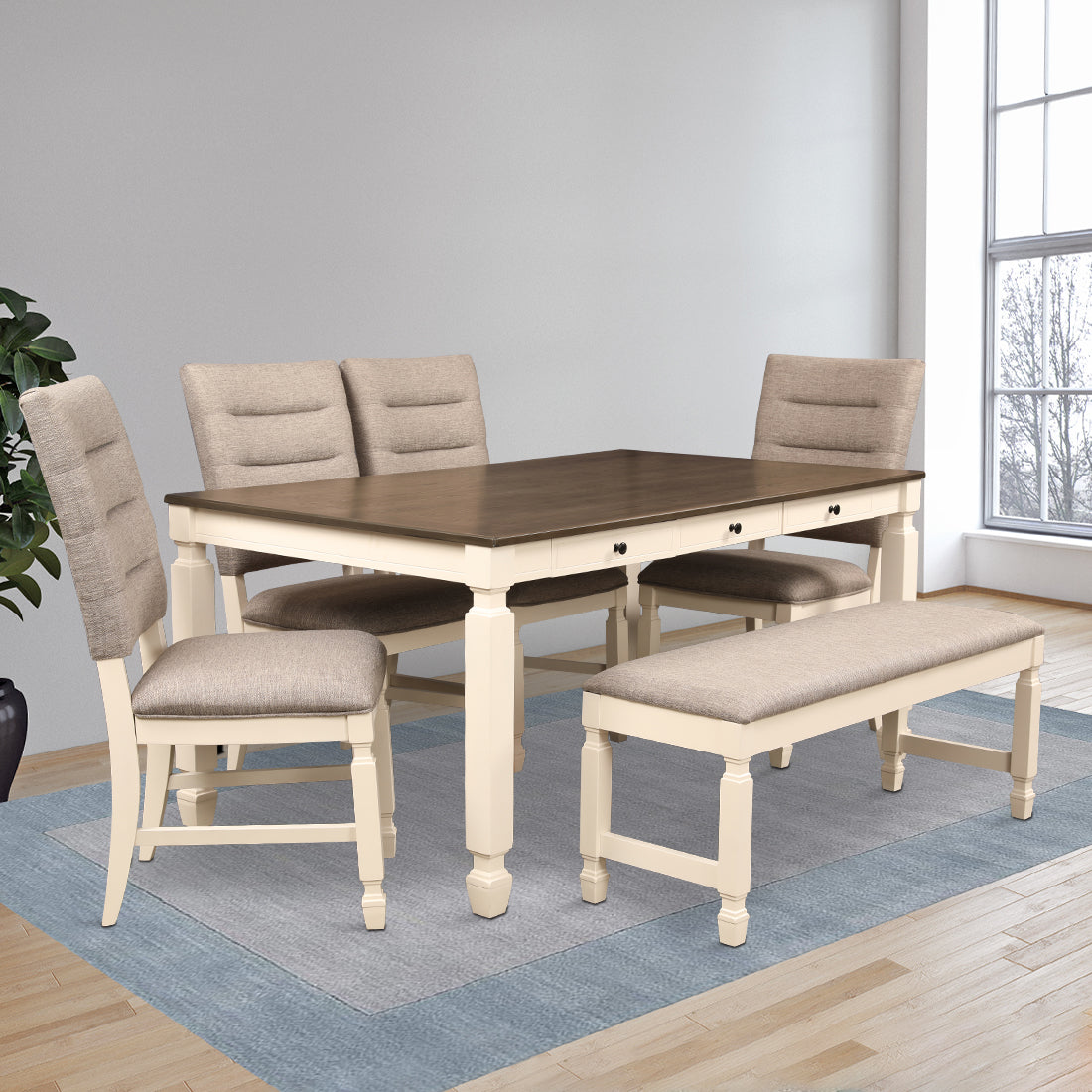 Wisp Rubber Wood Six Seater Dining Set With Bench in Antique White Colour