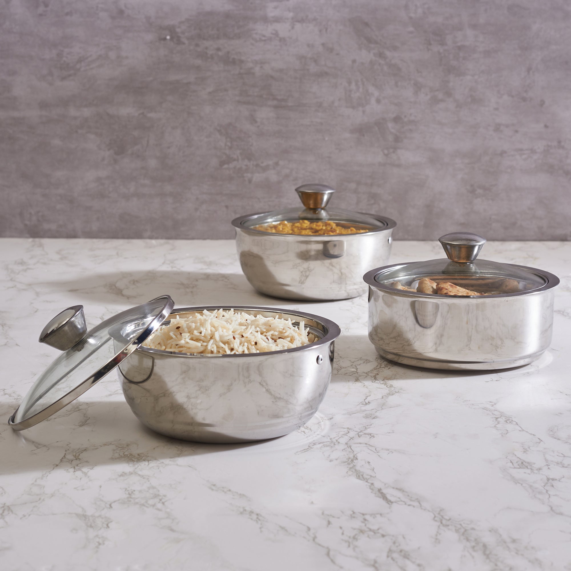 Sapphire Double Wall Insulated Stainless Steel Meal Serve Combo Set of 3 in Silver Colour