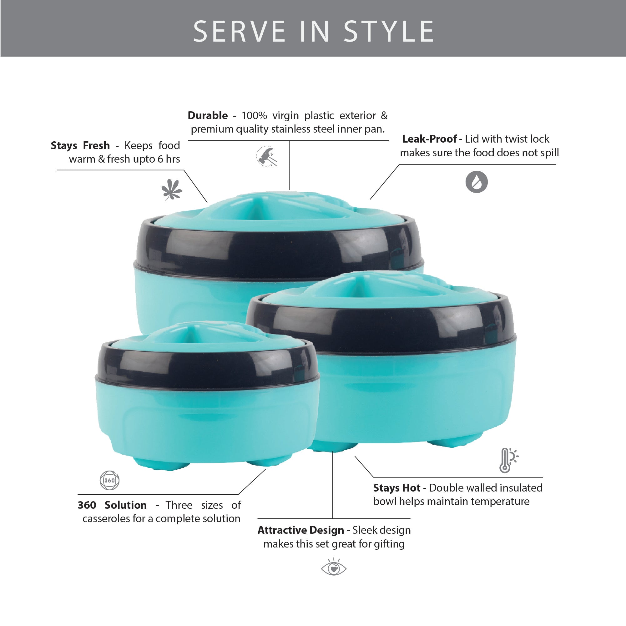Fiesta Plastic and Stainless Steel Trio Double-Wall Insulated Casserole Set Of 3 in Teal Colour