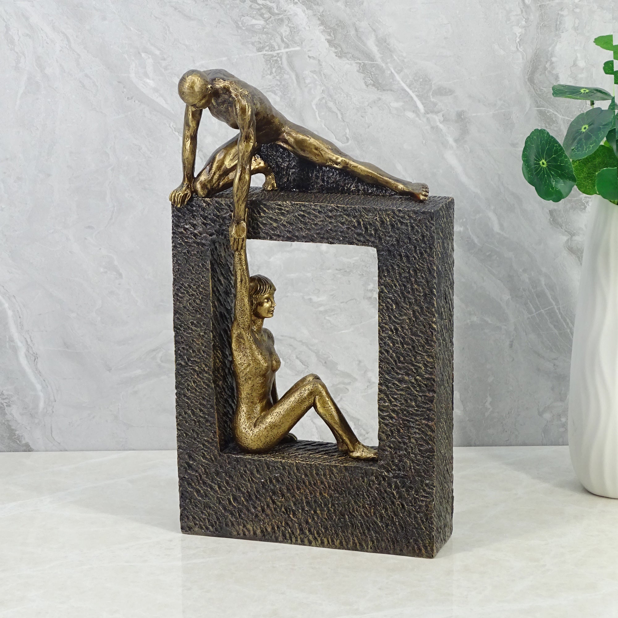 Willow Polyresin Man Holdng Sitting Woman 28 Cm in Brown And Gold Colour