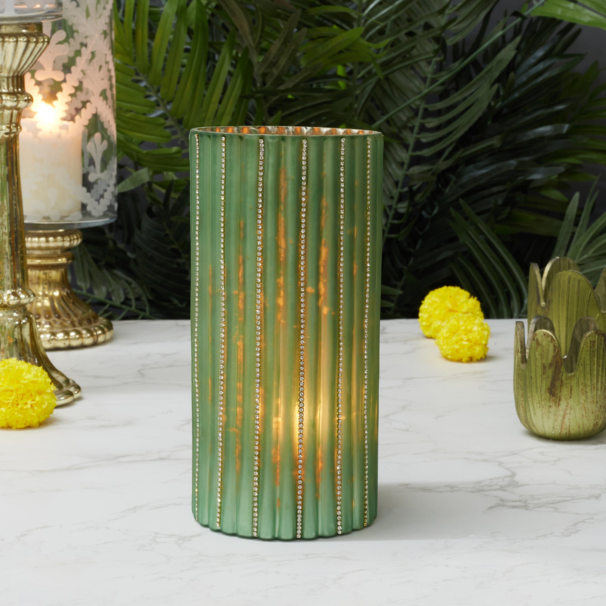 Phiona Glass Diamond Stud Handcrafted Votive 20 Cm in Emerald Colour