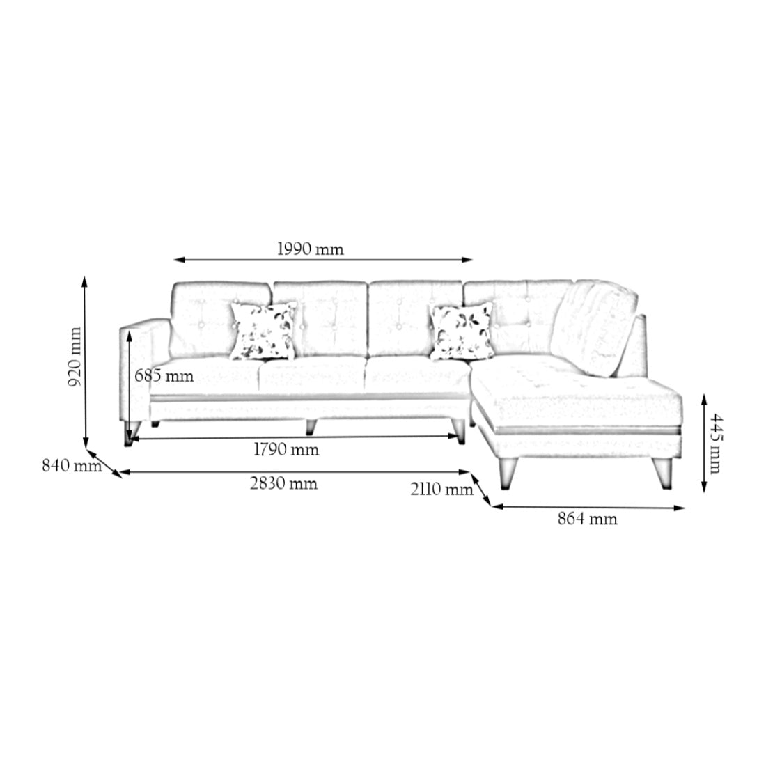 Garcia Fabric 3 Seater Sofa With Left Hand Side Lounger in Grey Colour