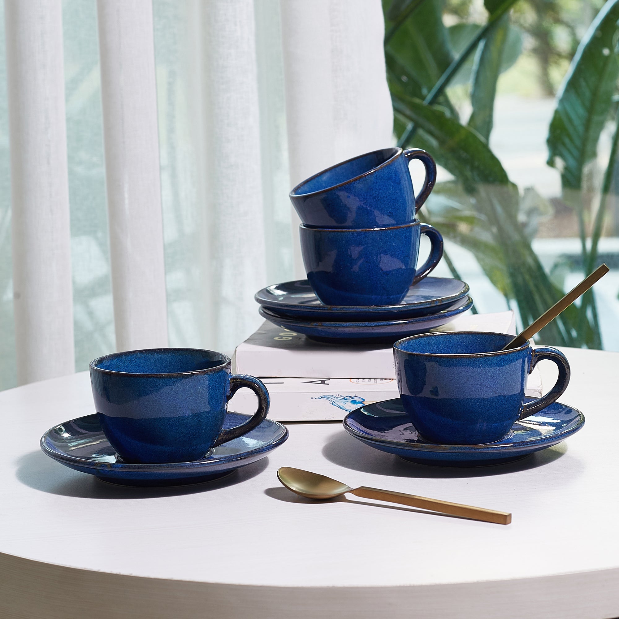 Hygge Studio Pottery Stoneware Cup & Saucer Set of 4 in Navy Blue Colour