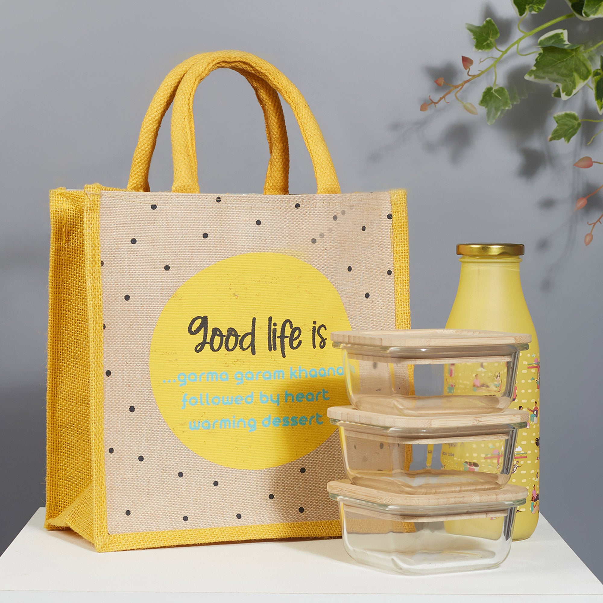 Good Life Jute Reversible Dessert Printed Lunch Bag 25.5 x 25.5 Cm in Turq & Yellow Colour