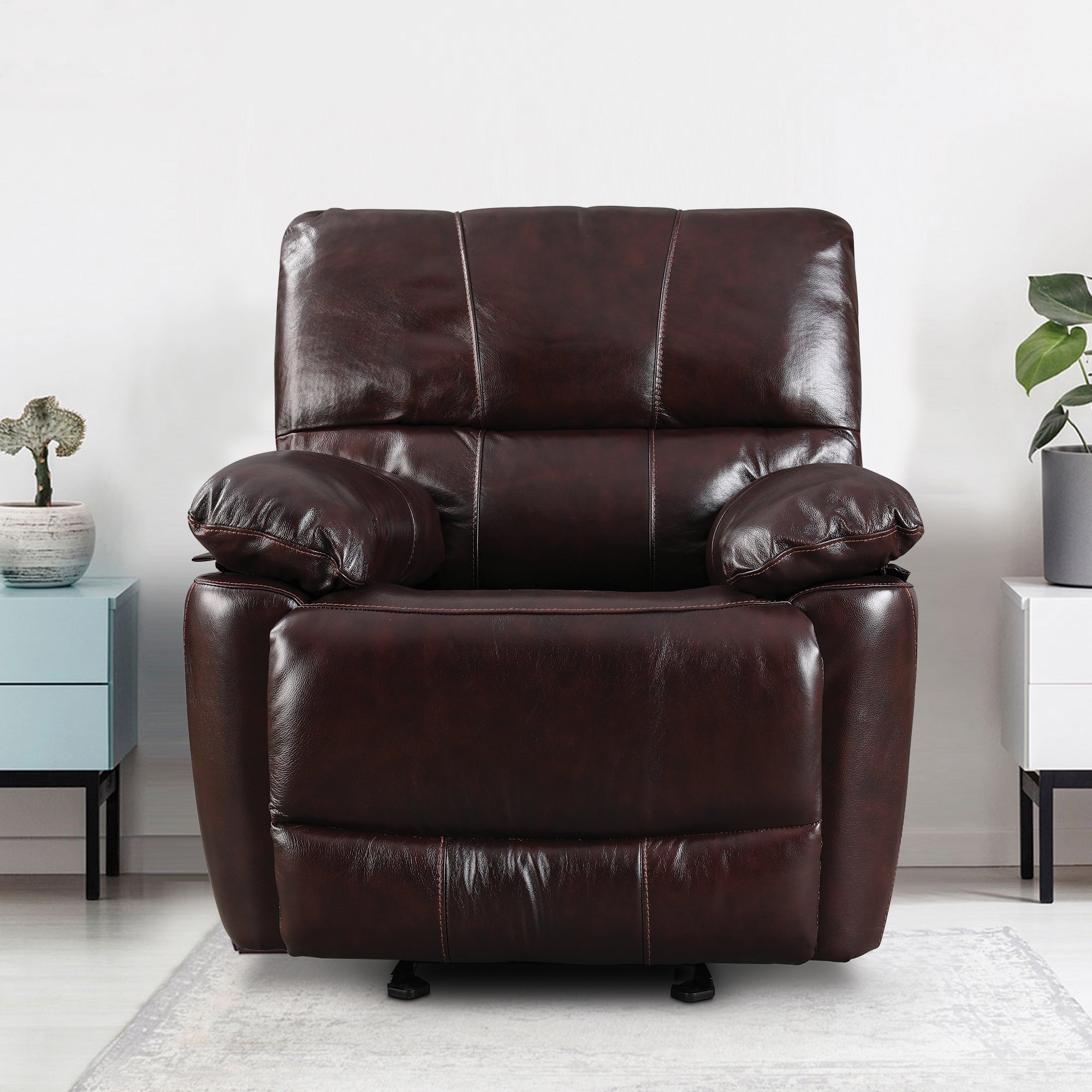 Charles Half Leather Single Seater Recliner in Burgundy Colour