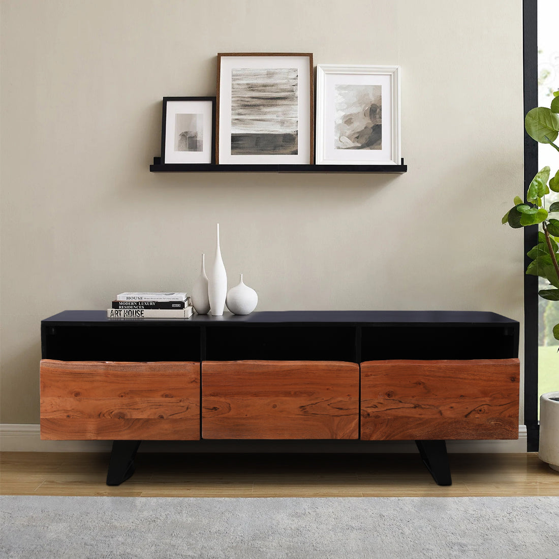 Arduous Acacia Wood Low Height Tv Unit in Brown Colour