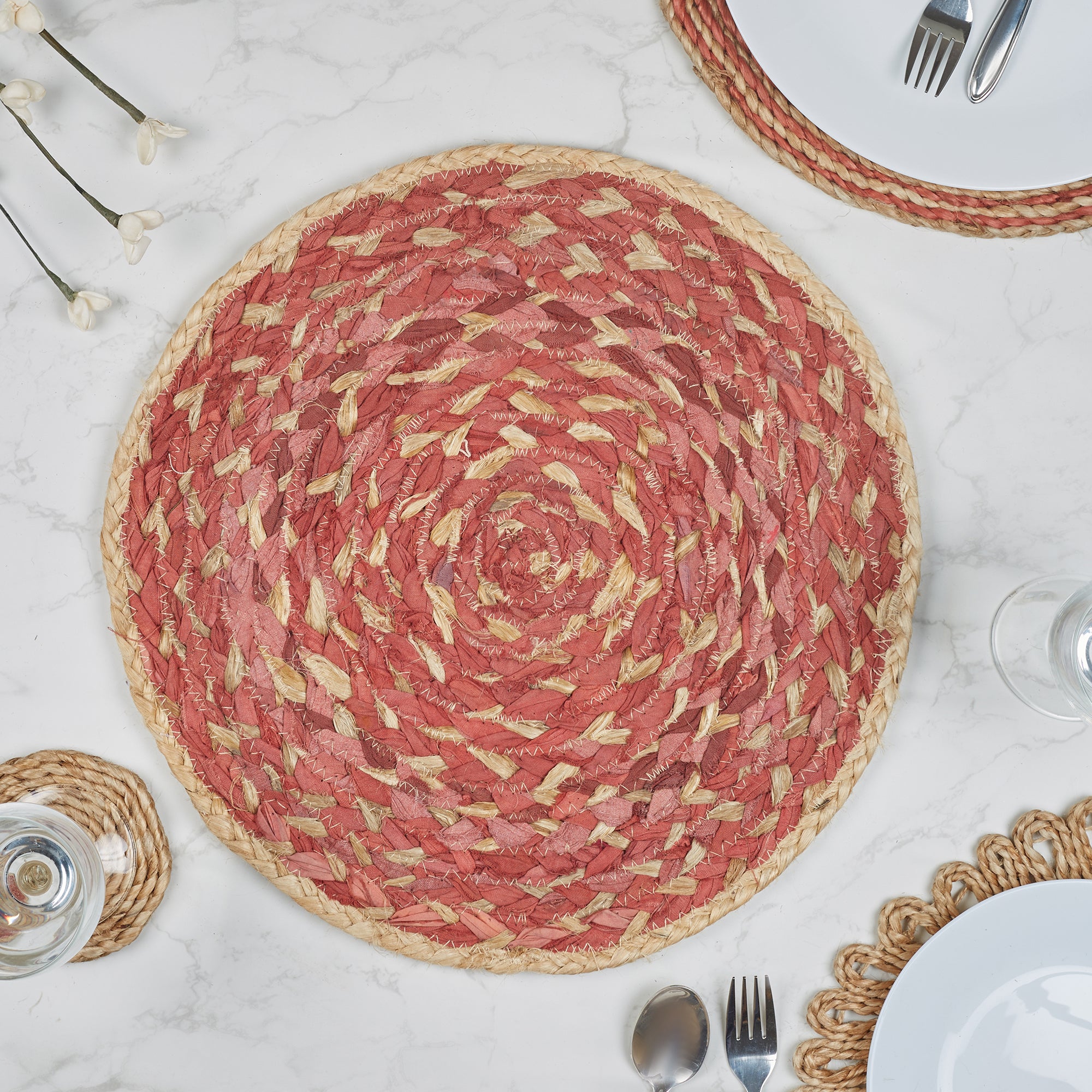 Boho  Handmade Recycled Fabric Placemat Dia 38 Cm in Rust Colour