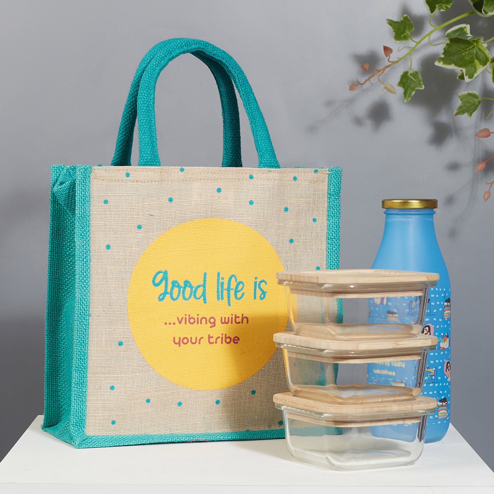 Good Life Jute Reversible Wanderlust Printed Lunch Bag 25.5 x 25.5 Cm in Turq Colour