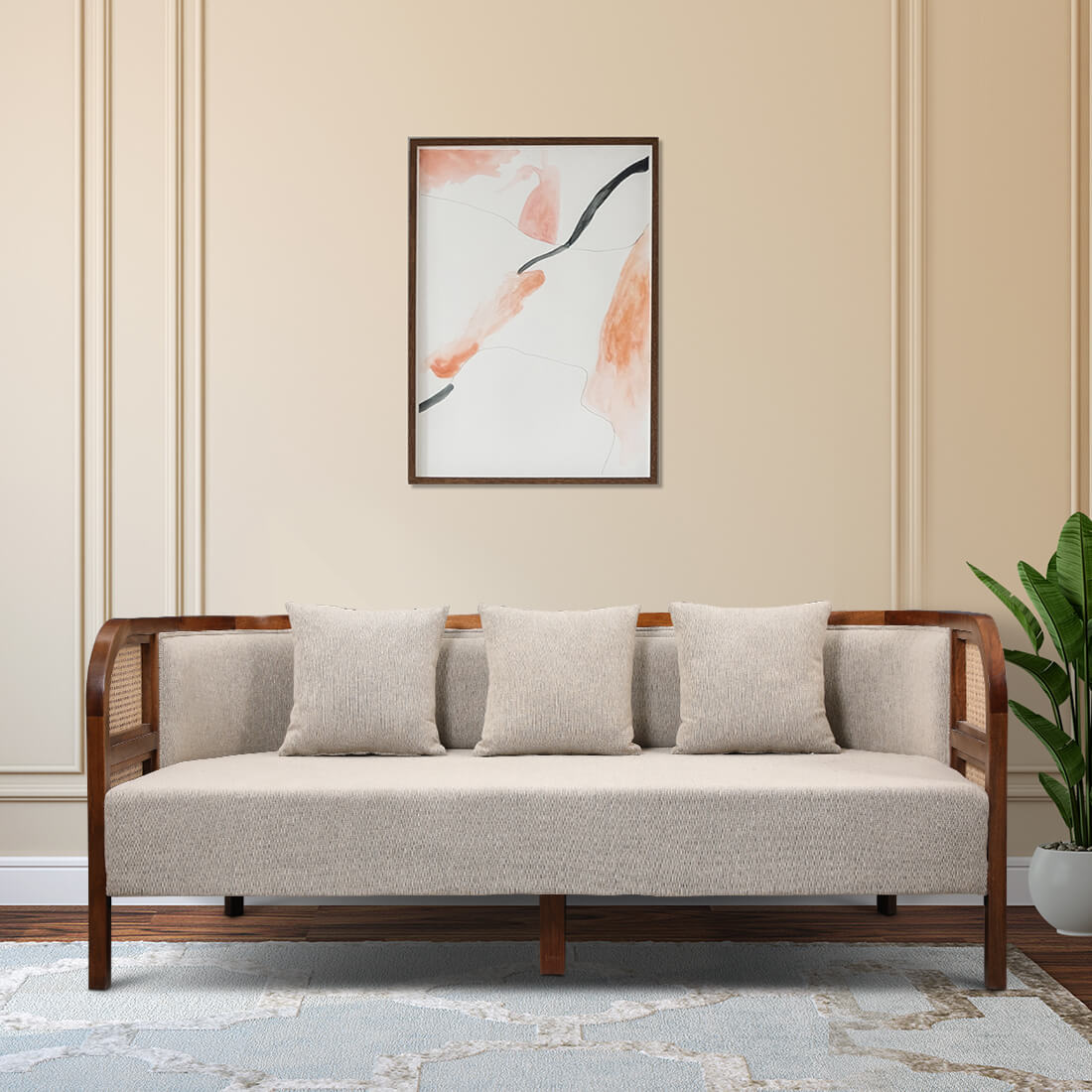Siam Solidwood Three Seater Sofa in Beige Colour