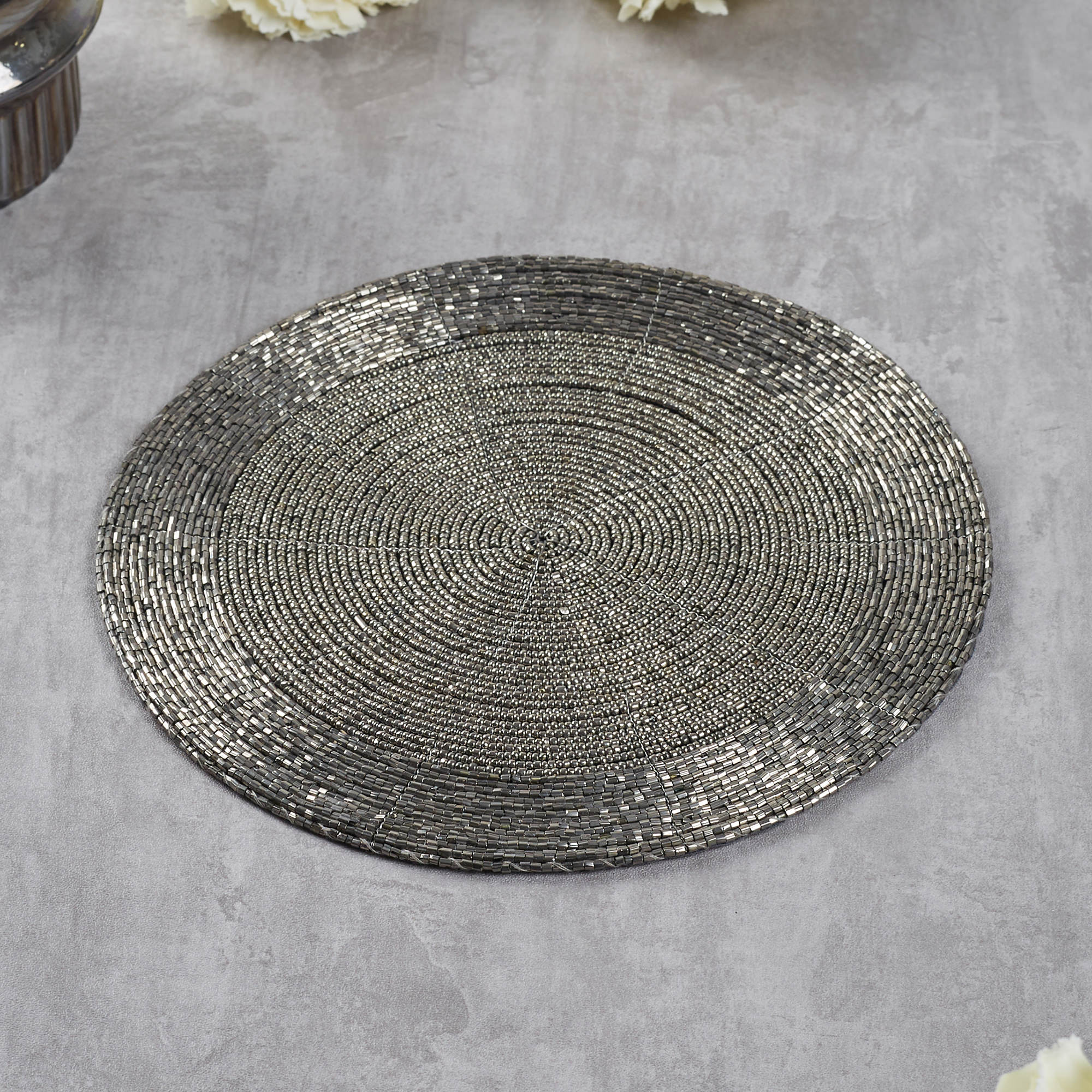 Nora Handmade Beaded Trivet Dia 22 Cm in Silver Colour