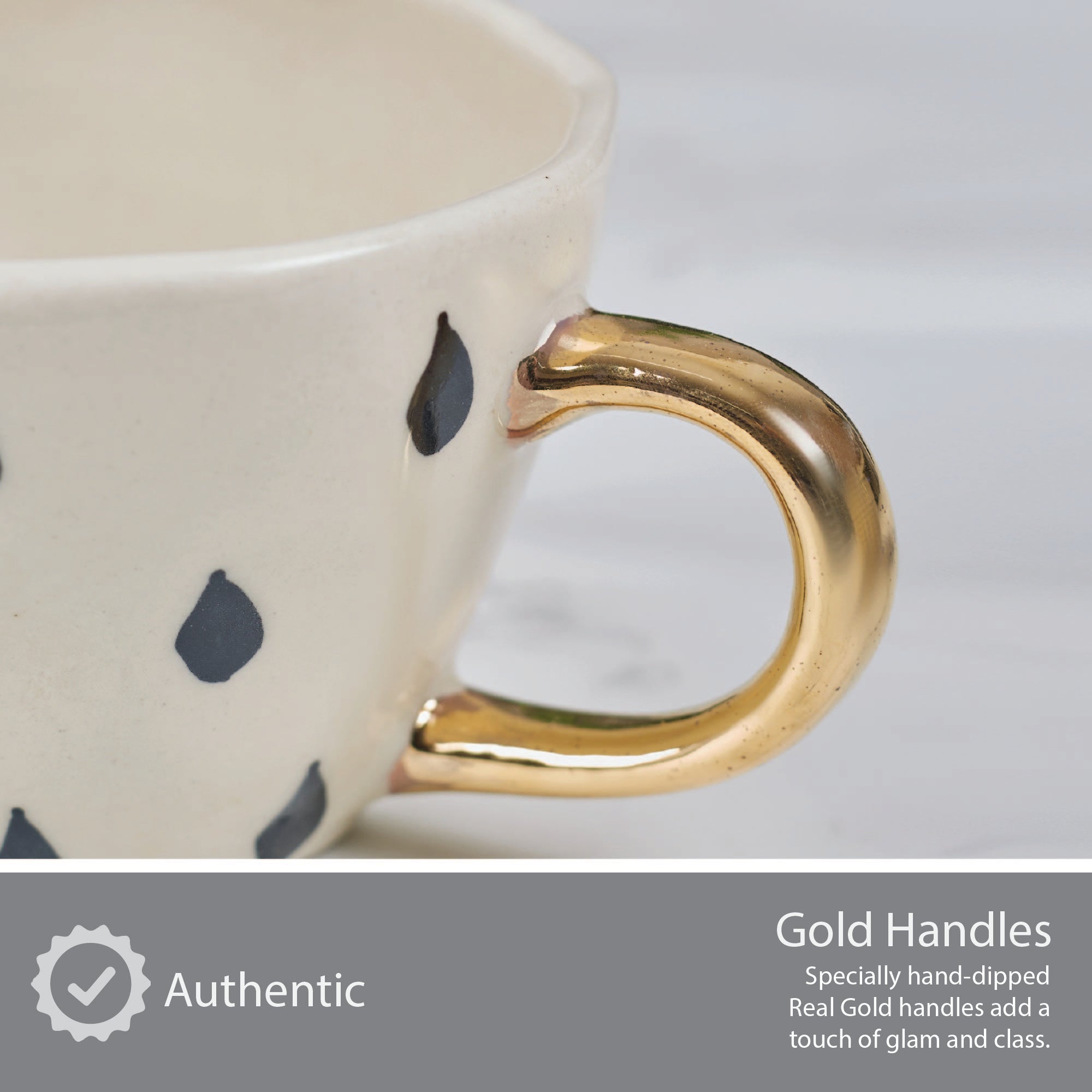 Fiesta Studio Pottery Droplet Tea Mug 250 ML Set of 4 with Real Gold Plating in Black & White Colour