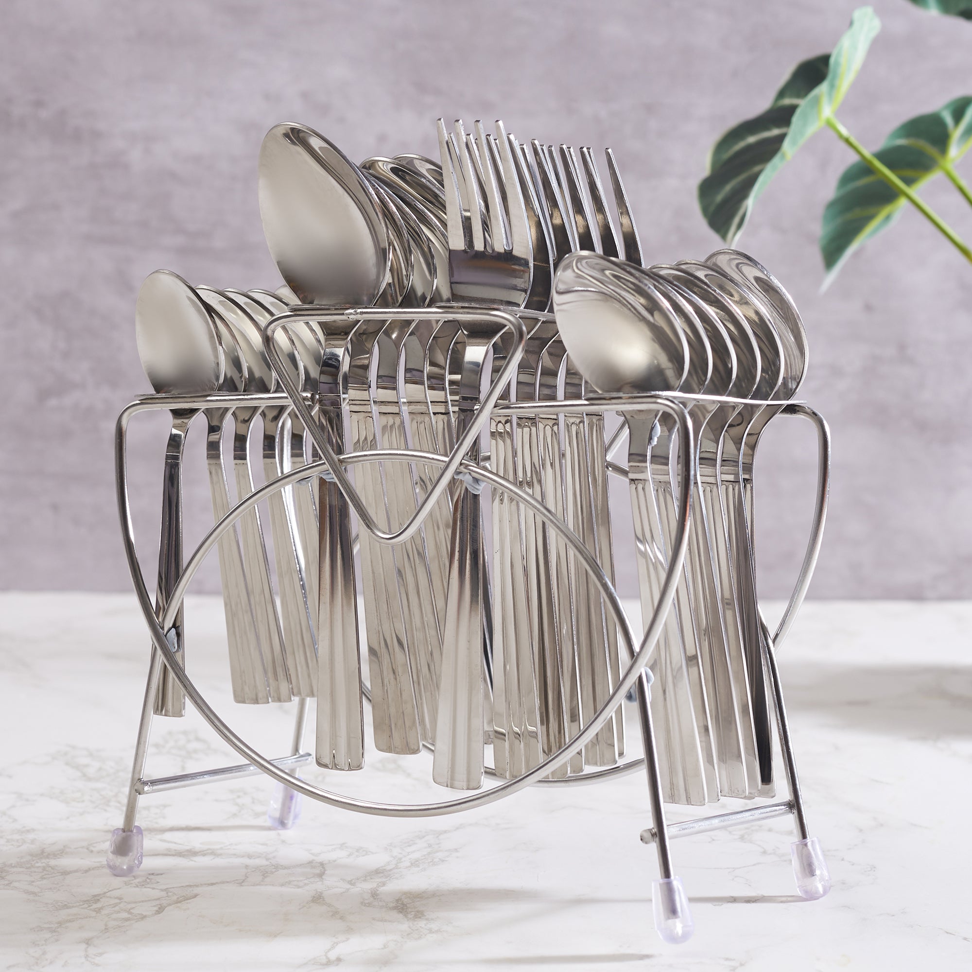 Utsav Stainless Steel Silk Cutlery Set of 24 Pieces With Stand in Silver Colour
