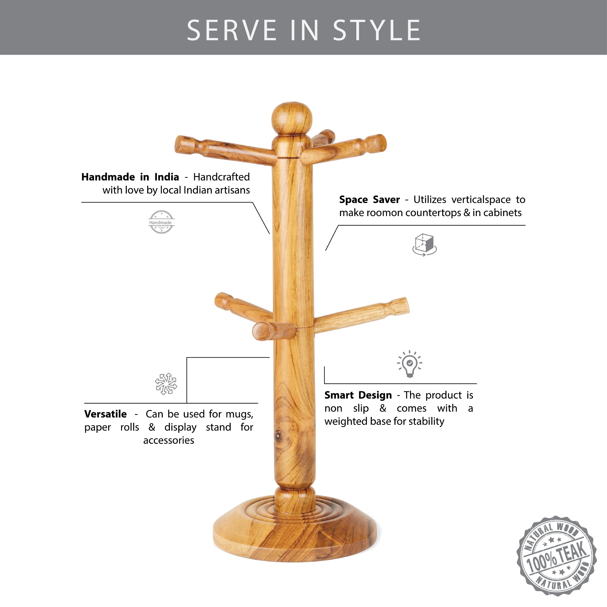 Beautiful Kitchen Wood Mug Tree/Stand/Holder in Brown Colour