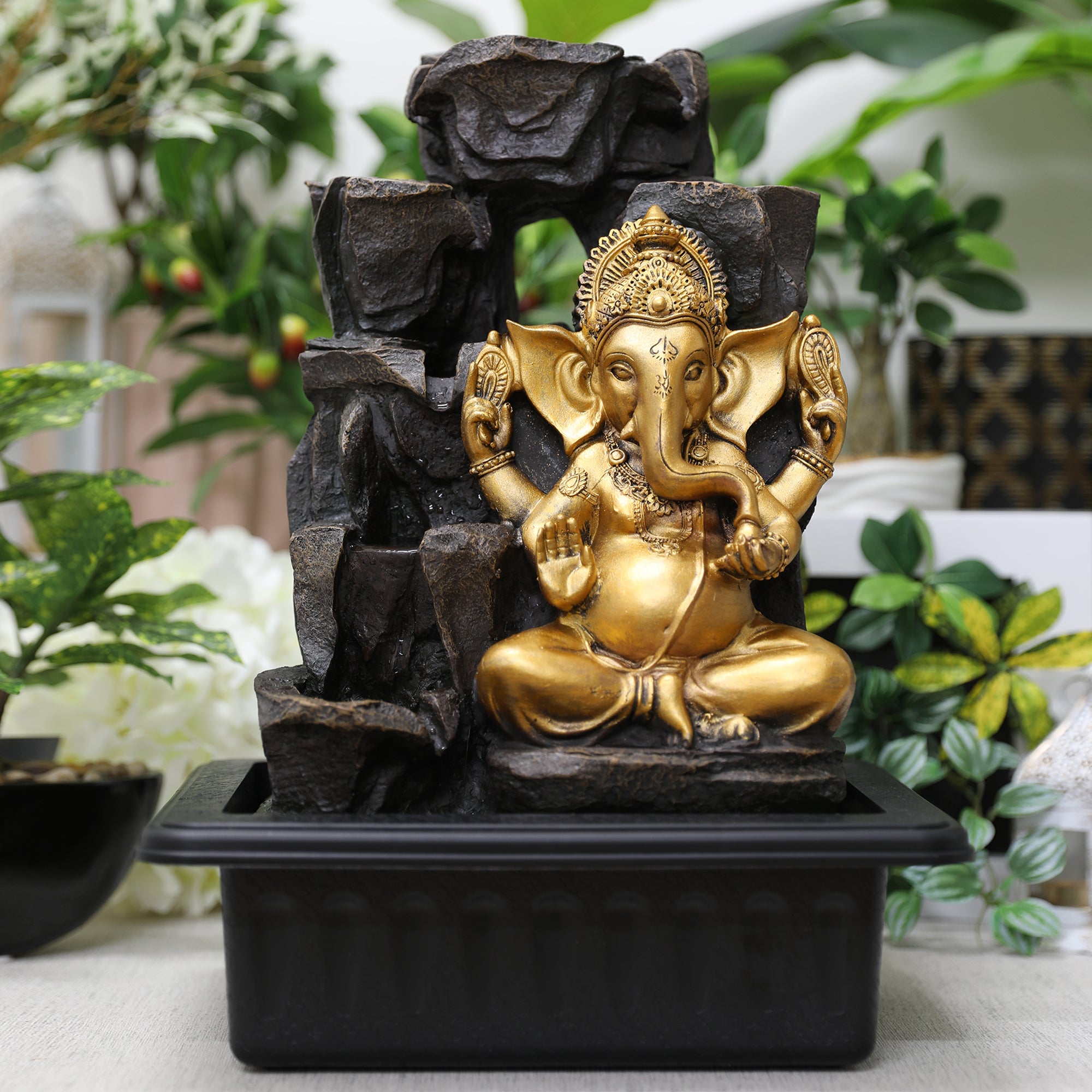 Impression Polyresin Ornate Ganesha Fountain 31X40Cm in Black Gold Colour